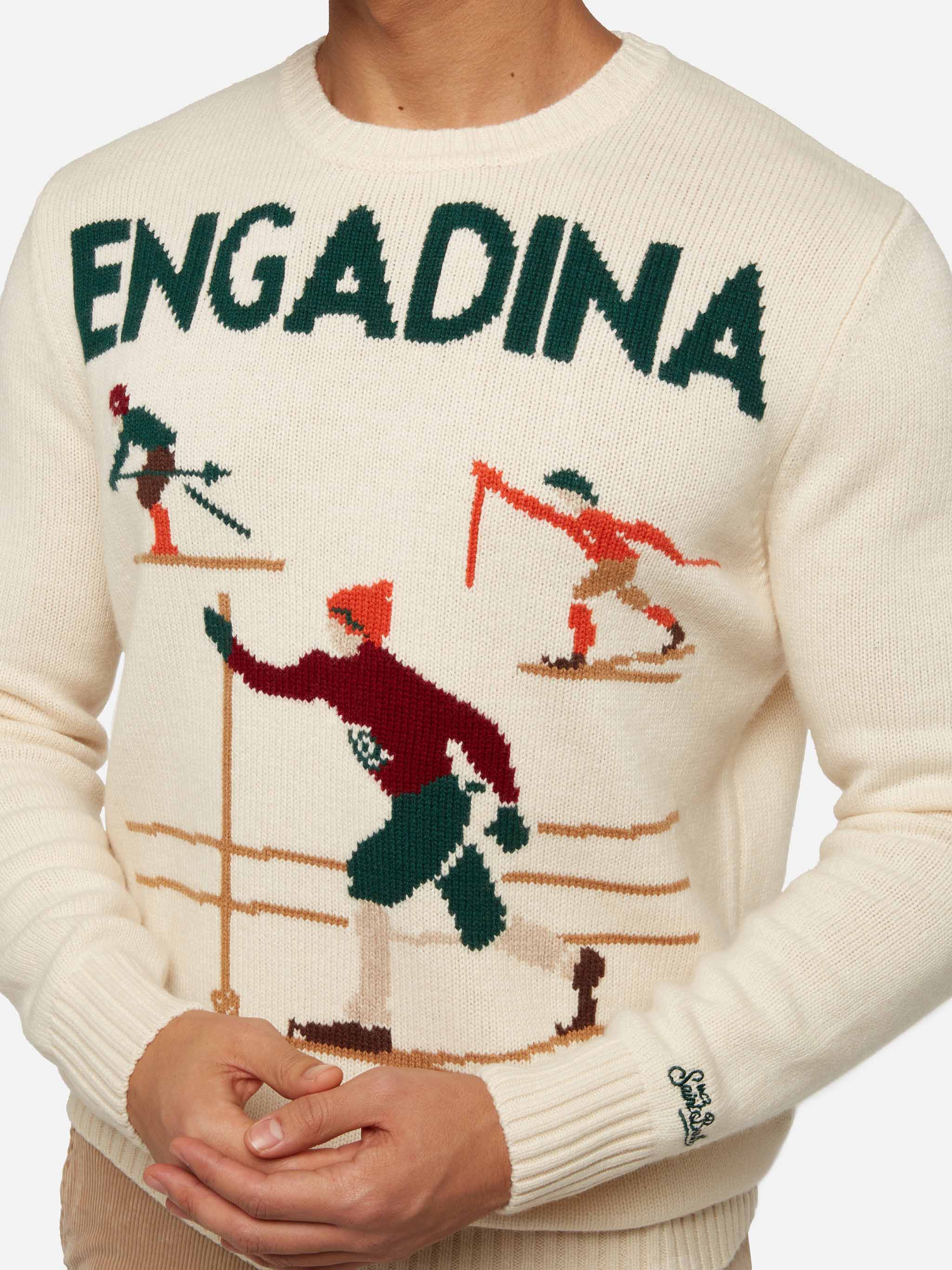 White sweater Bombardino Light with Engadina skiers jacquard - Image 2