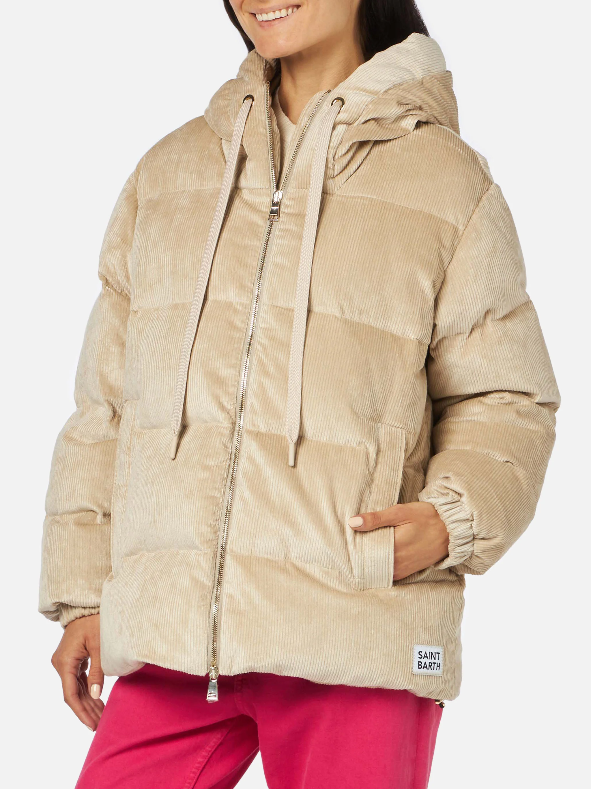 Geneve beige corduroy hooded down jacket