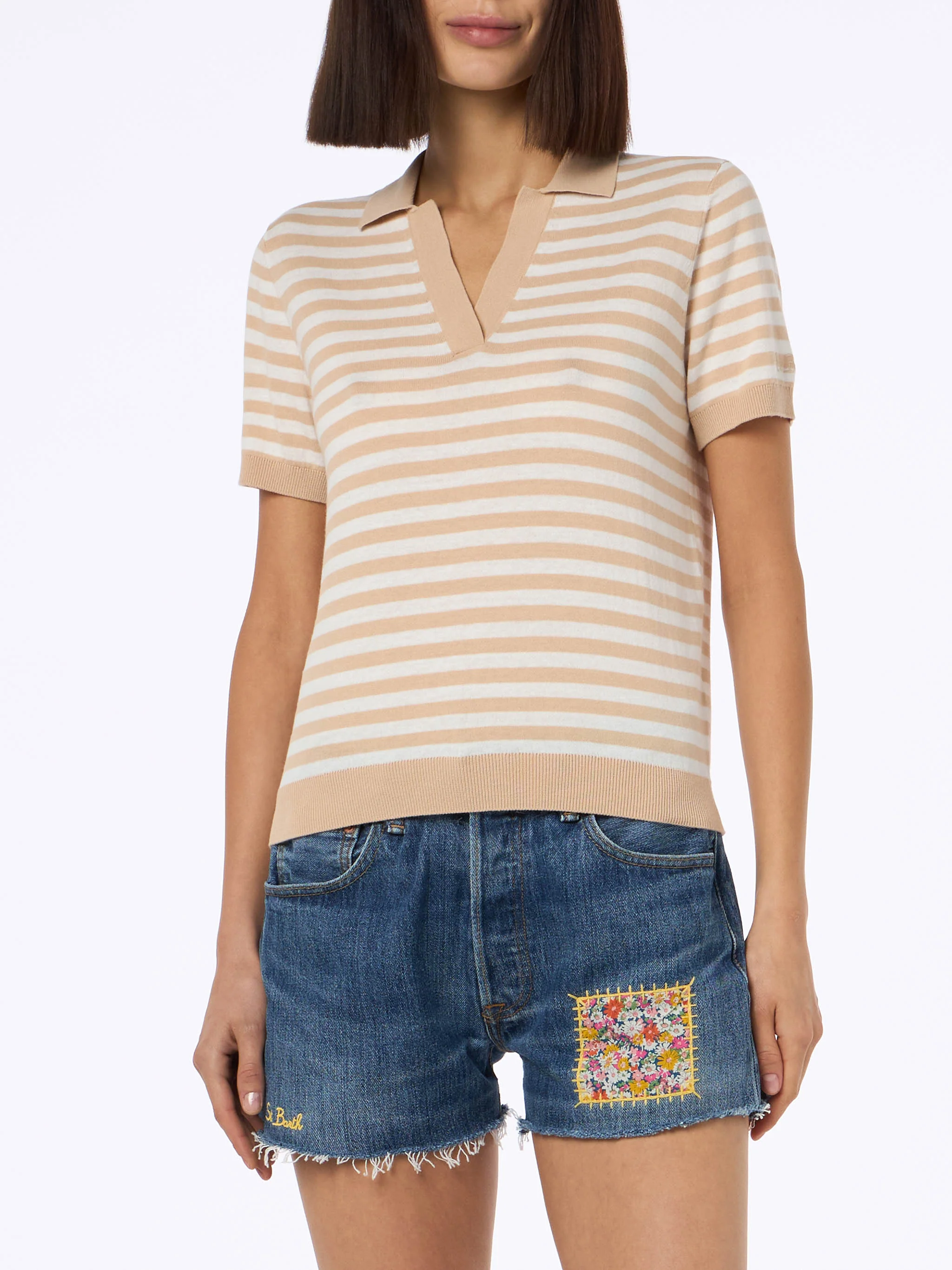 Evonne beige and white striped knitted polo - Image 3