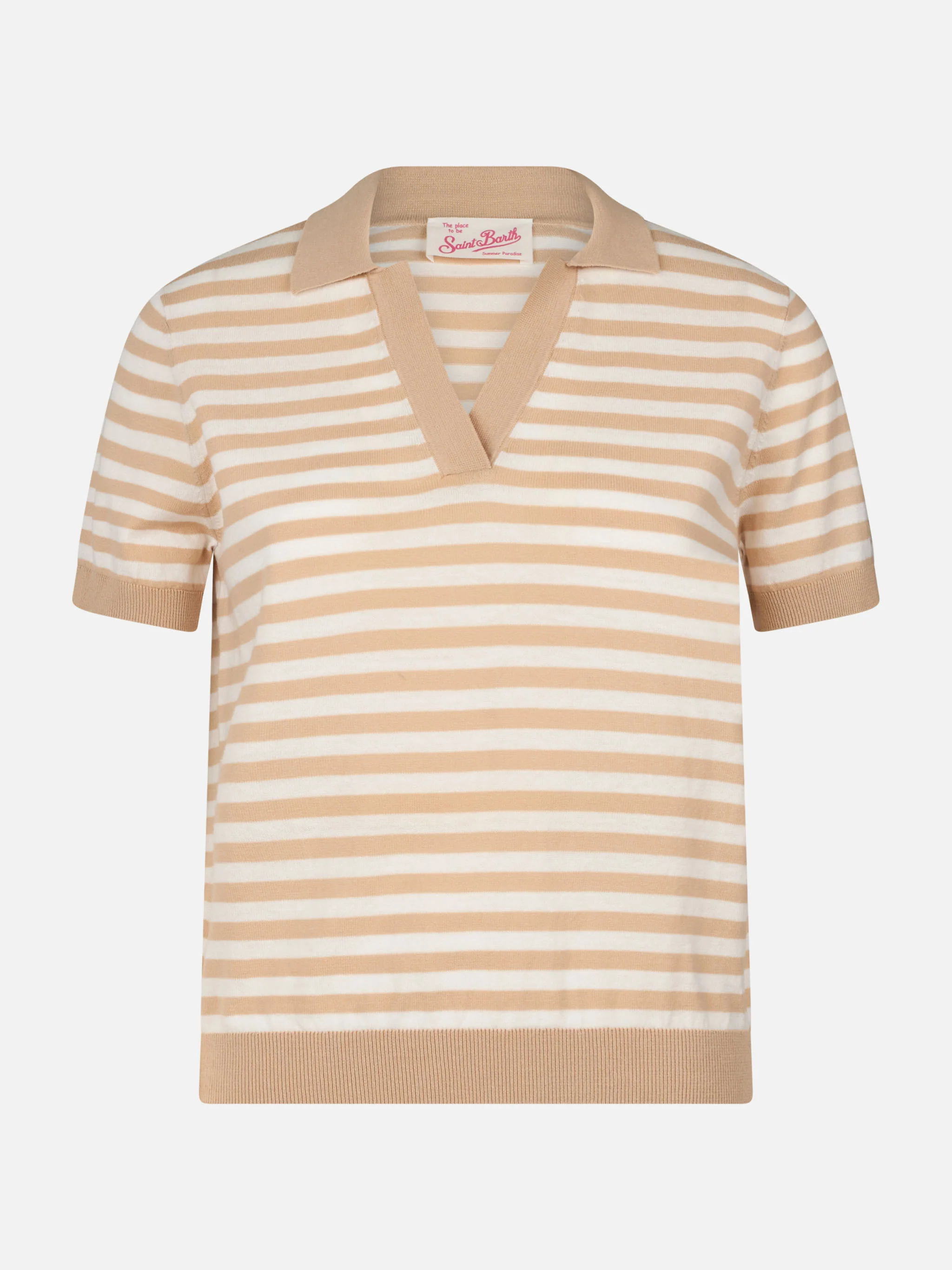 Evonne beige and white striped knitted polo - Image 5