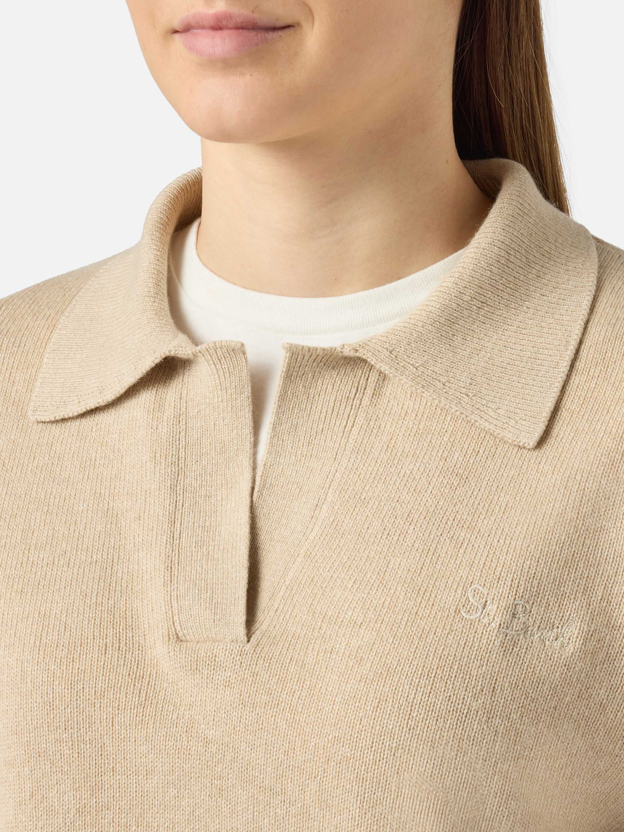 Beige Eze blended cashmere sweater with polo collar - Image 2