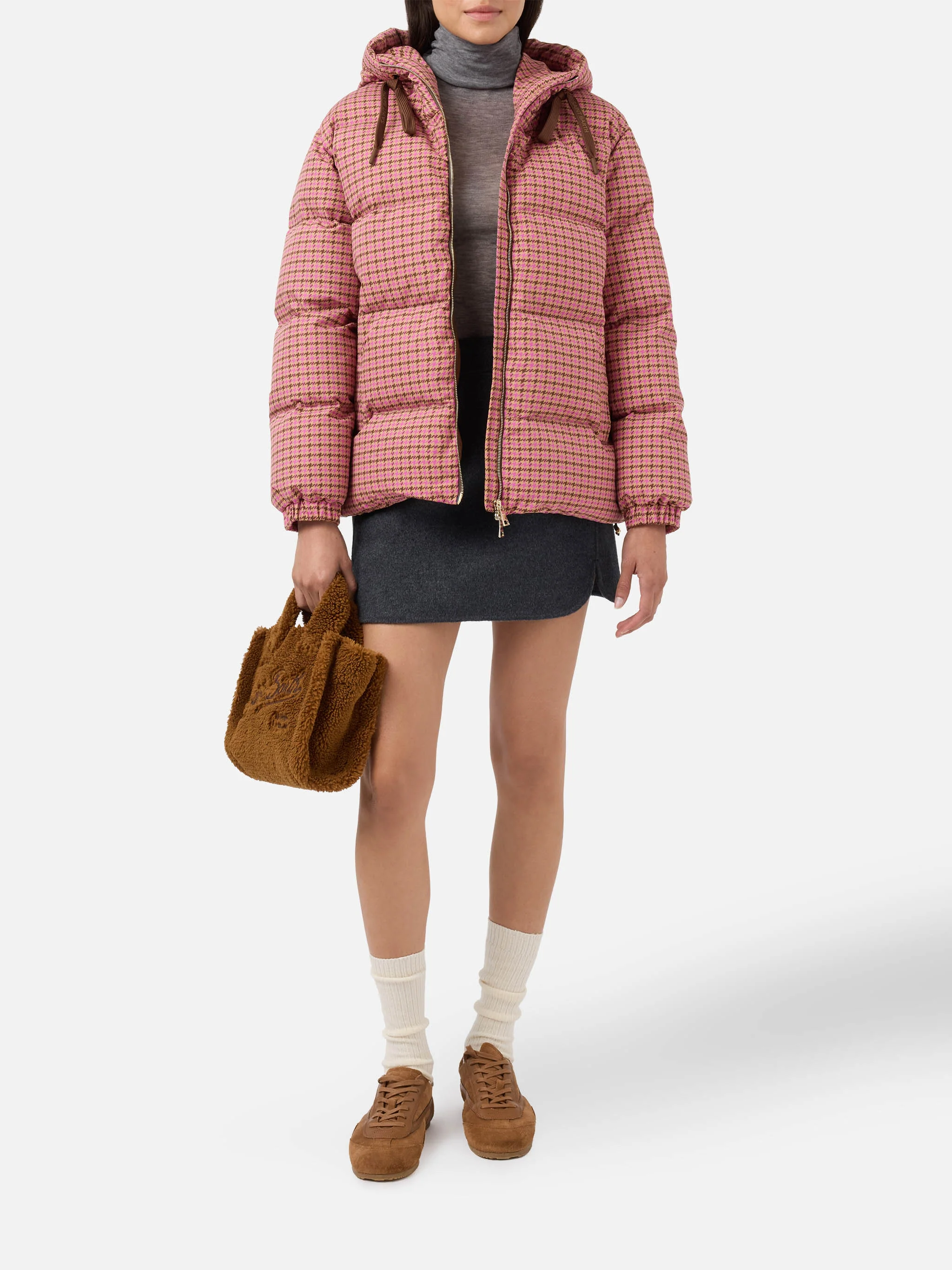 Hooded down padded jacket Geneve with pied de poul print - Image 2