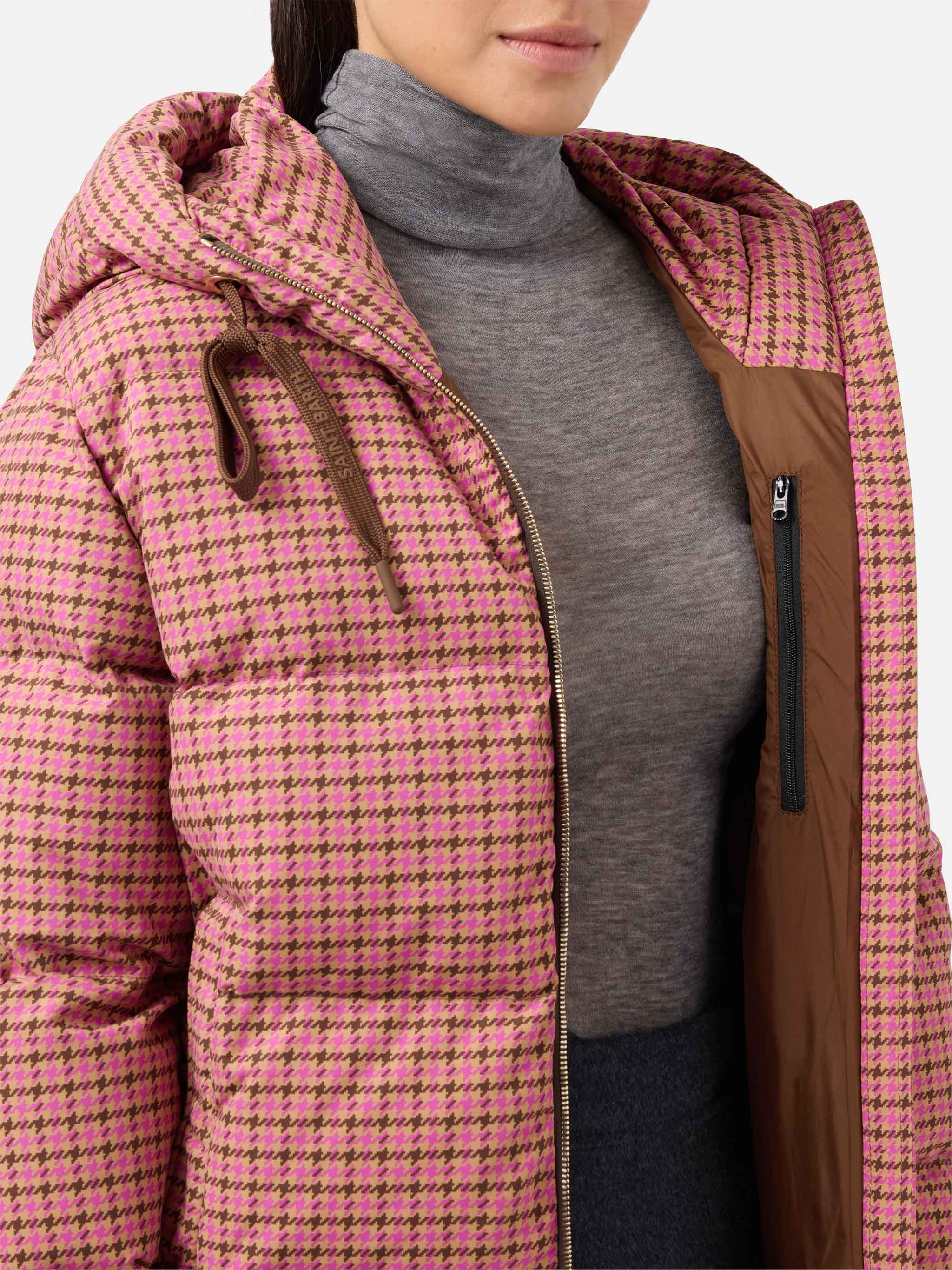 Hooded down padded jacket Geneve with pied de poul print - Image 3