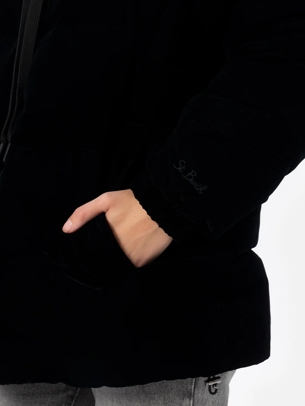 Geneve black velvet hooded down jacket - Image 2
