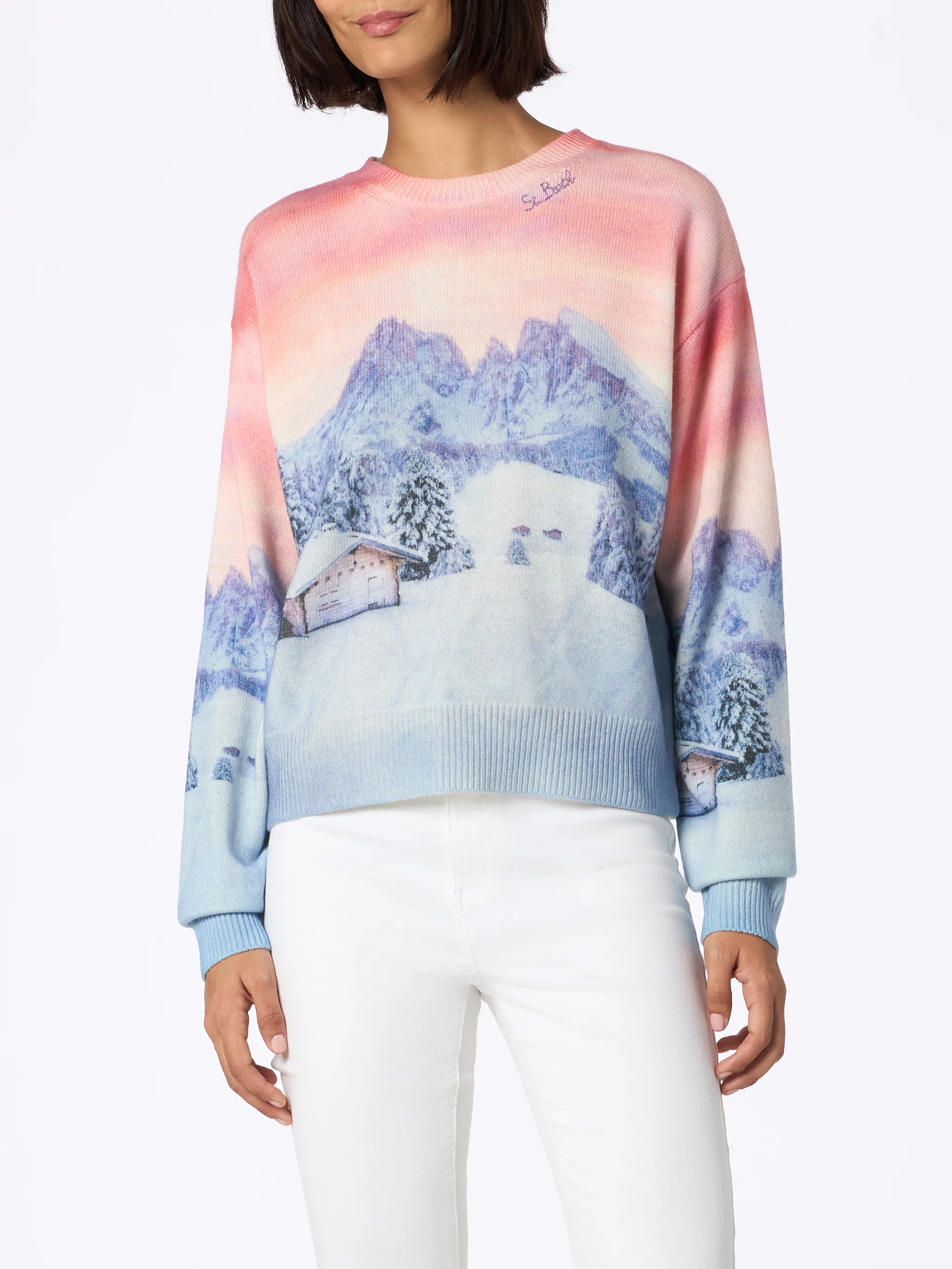 Louise cashmere blend sweater with chalet sunset print