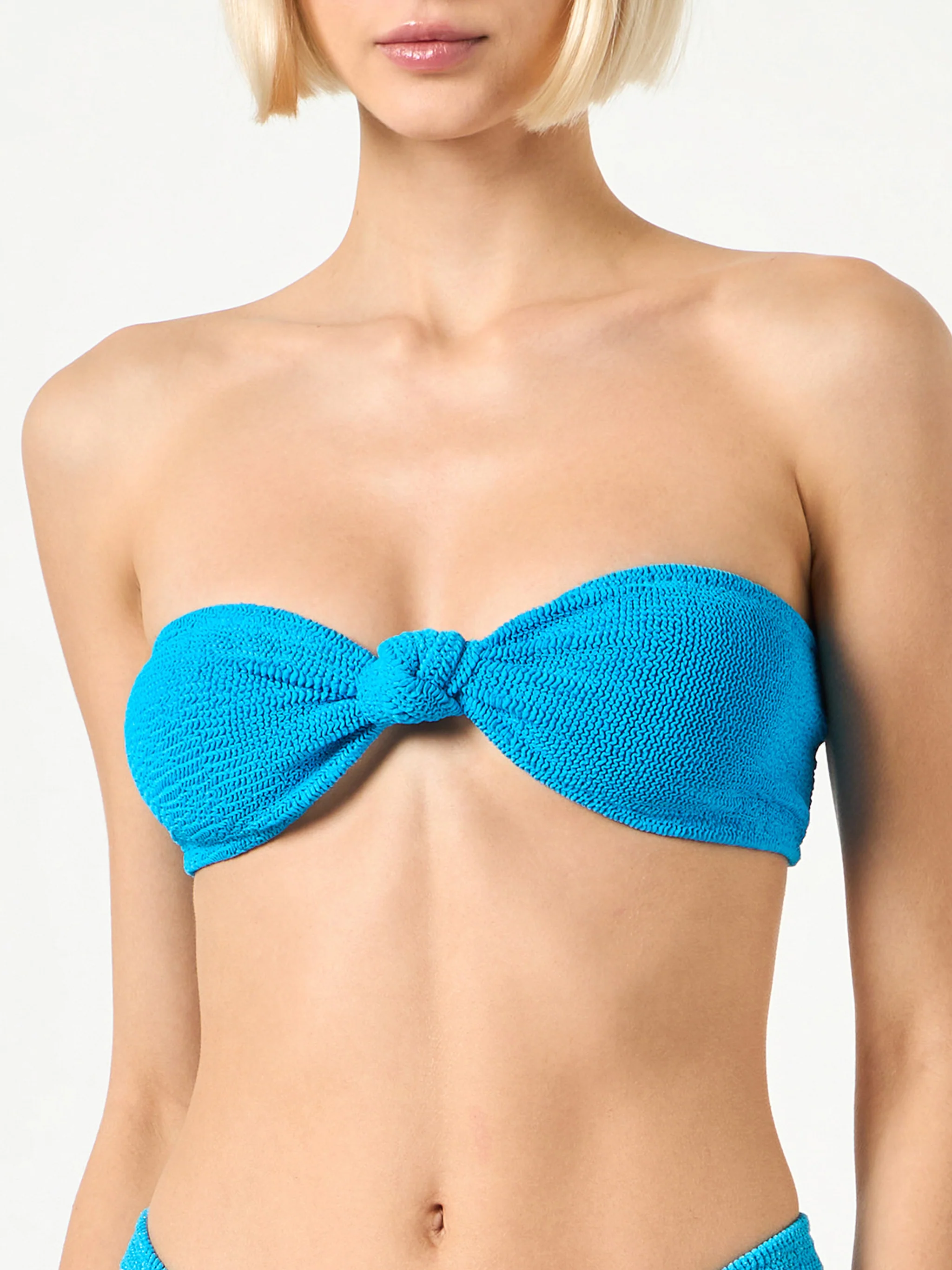 Annice dusty blue crinkle bandeau bikini top with knot - Image 2