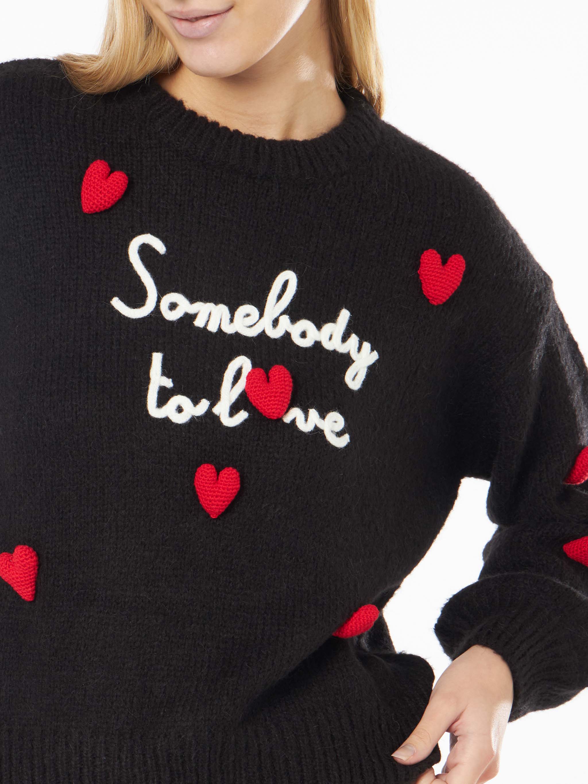 Danya Soft black sweater with Somebody to love embroidery and crochet hearts - Image 2