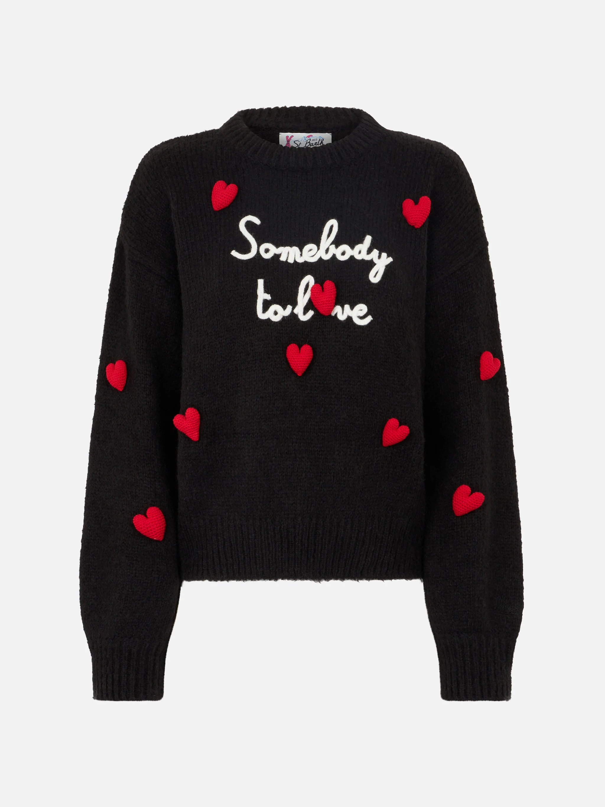 Danya Soft black sweater with Somebody to love embroidery and crochet hearts - Image 4