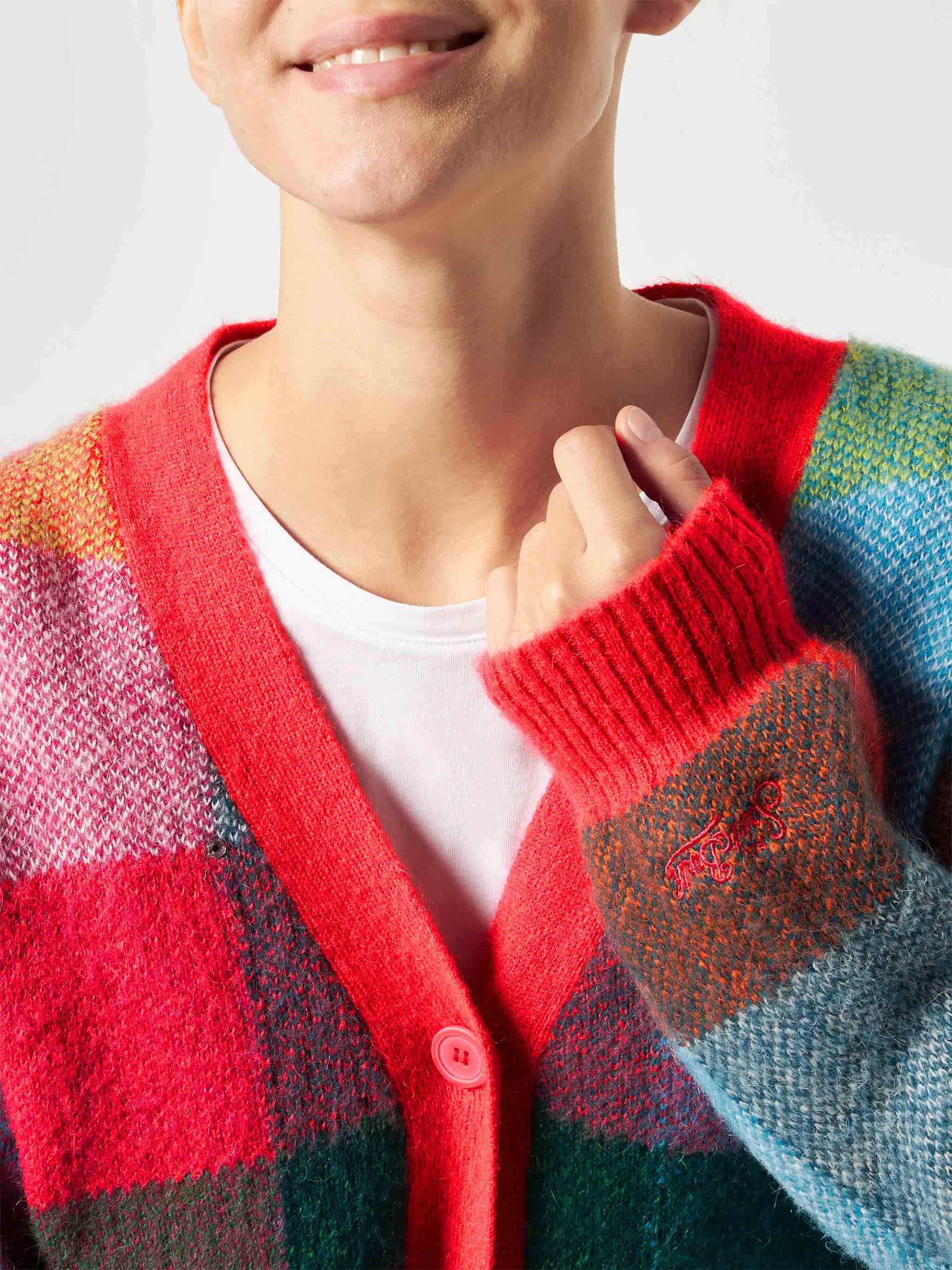Soft brushed multicolor check cardigan Chloe with rhinestone embellishment - Image 2
