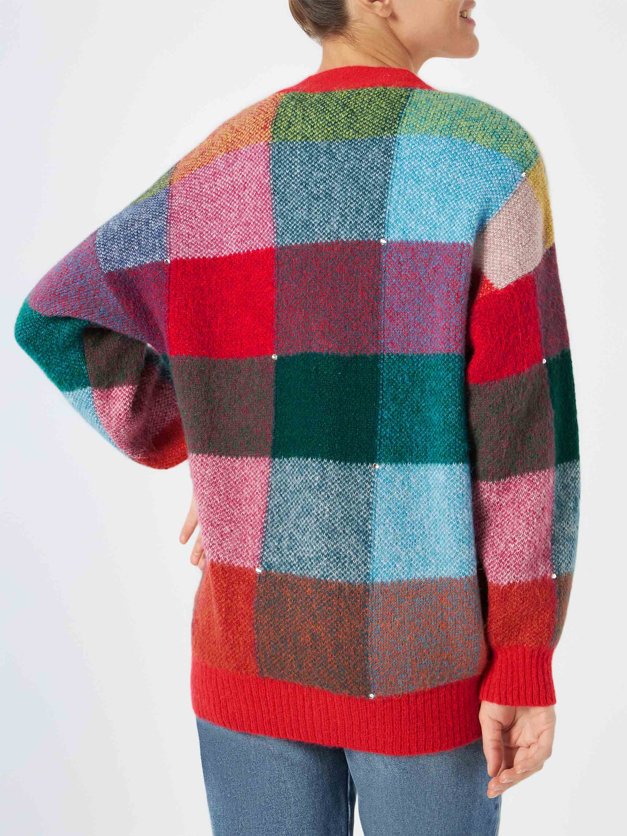 Soft brushed multicolor check cardigan Chloe with rhinestone embellishment - Image 3