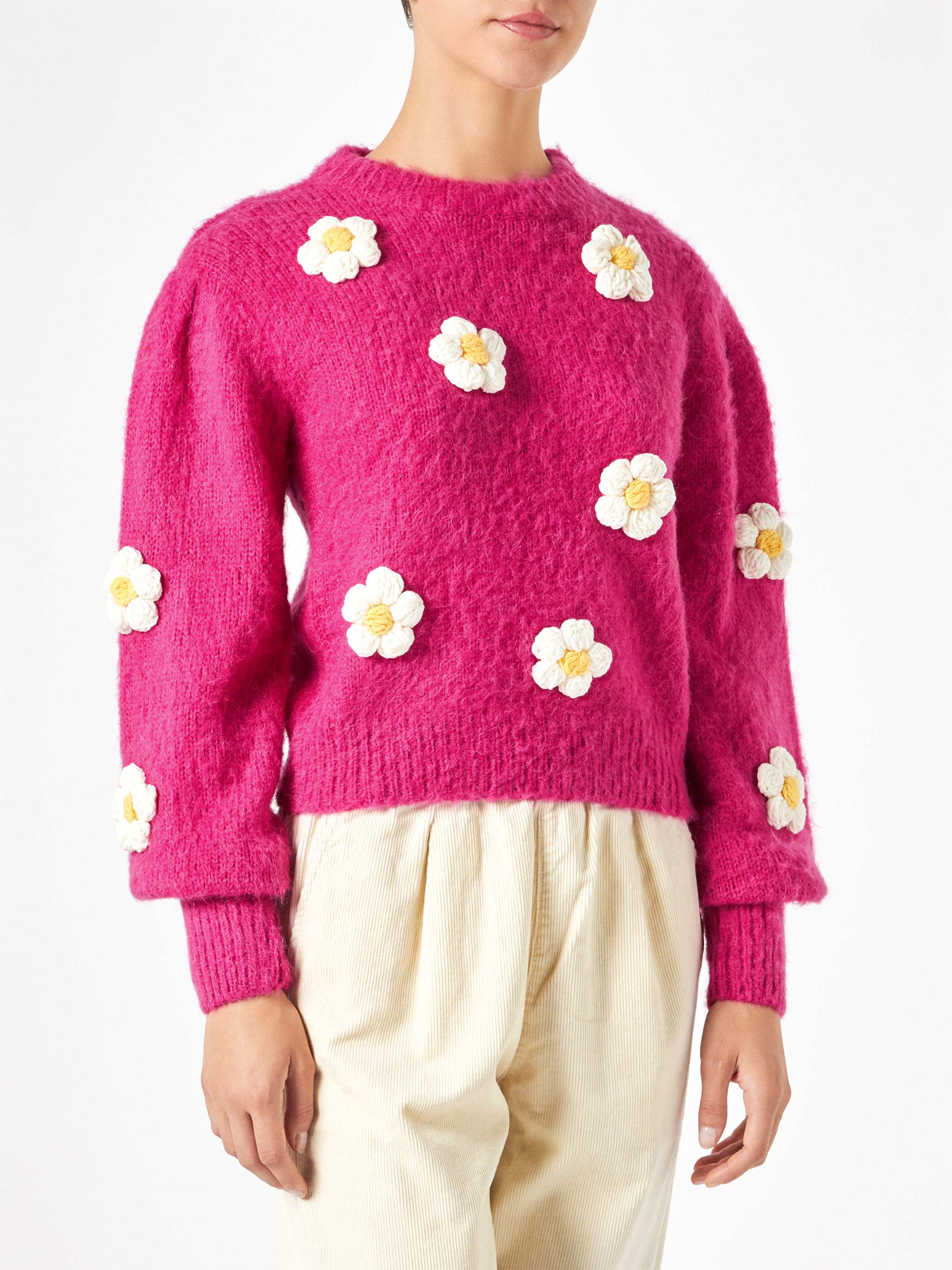 Bloom fuchsia brushed sweater with crochet flowers - Image 2