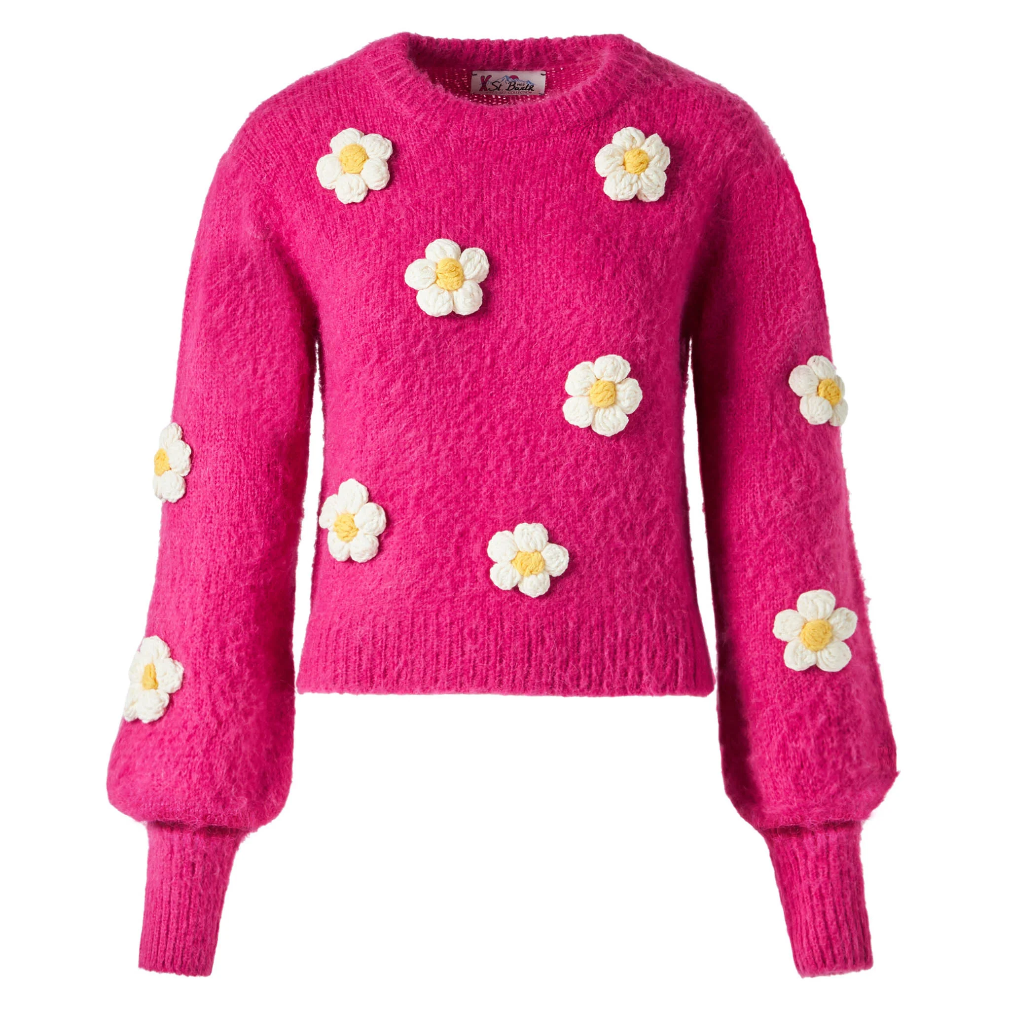 Bloom fuchsia brushed sweater with crochet flowers - Image 4