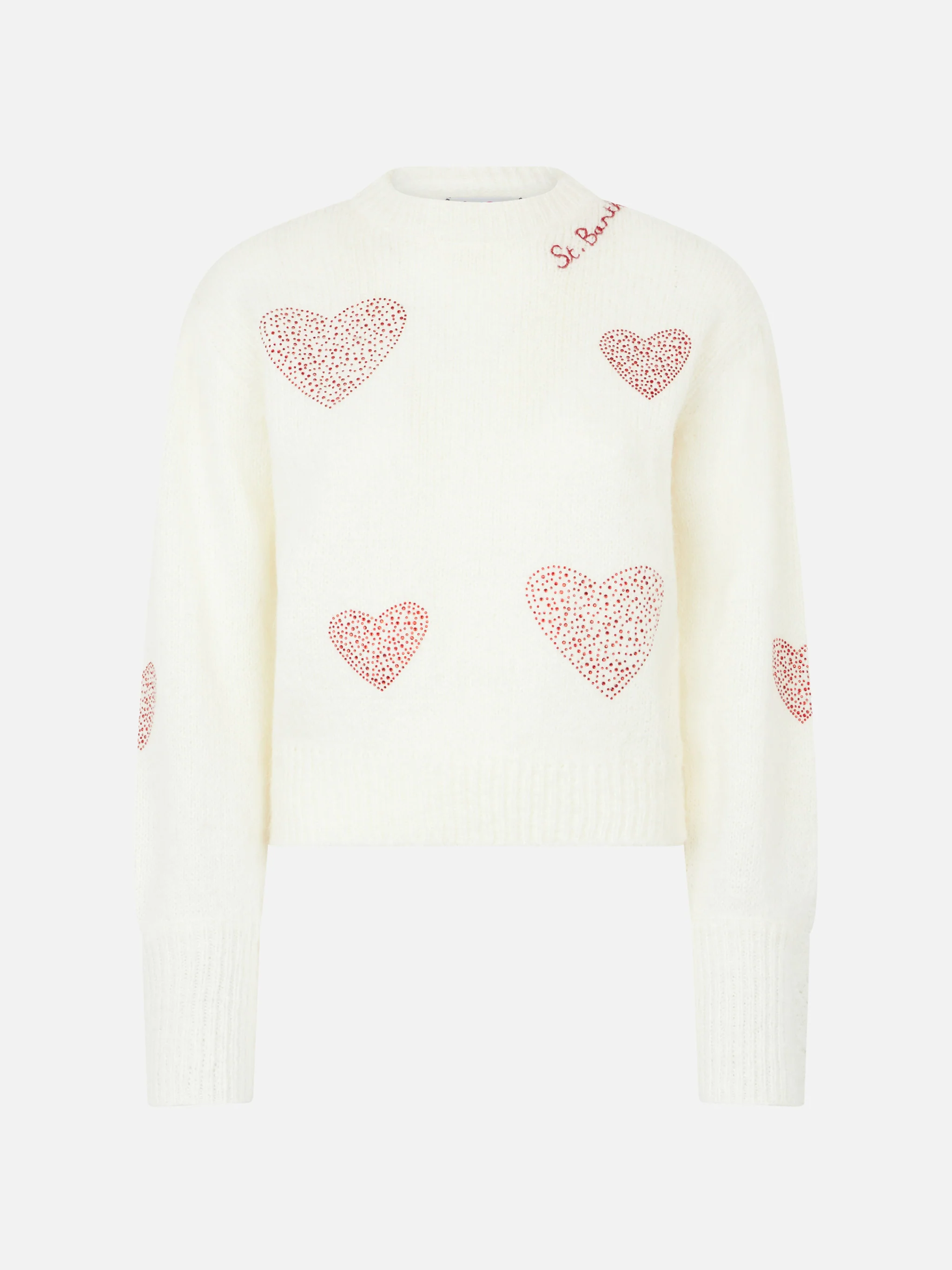 Bloom Soft white brushed sweater with red rhinestone hearts - Image 4