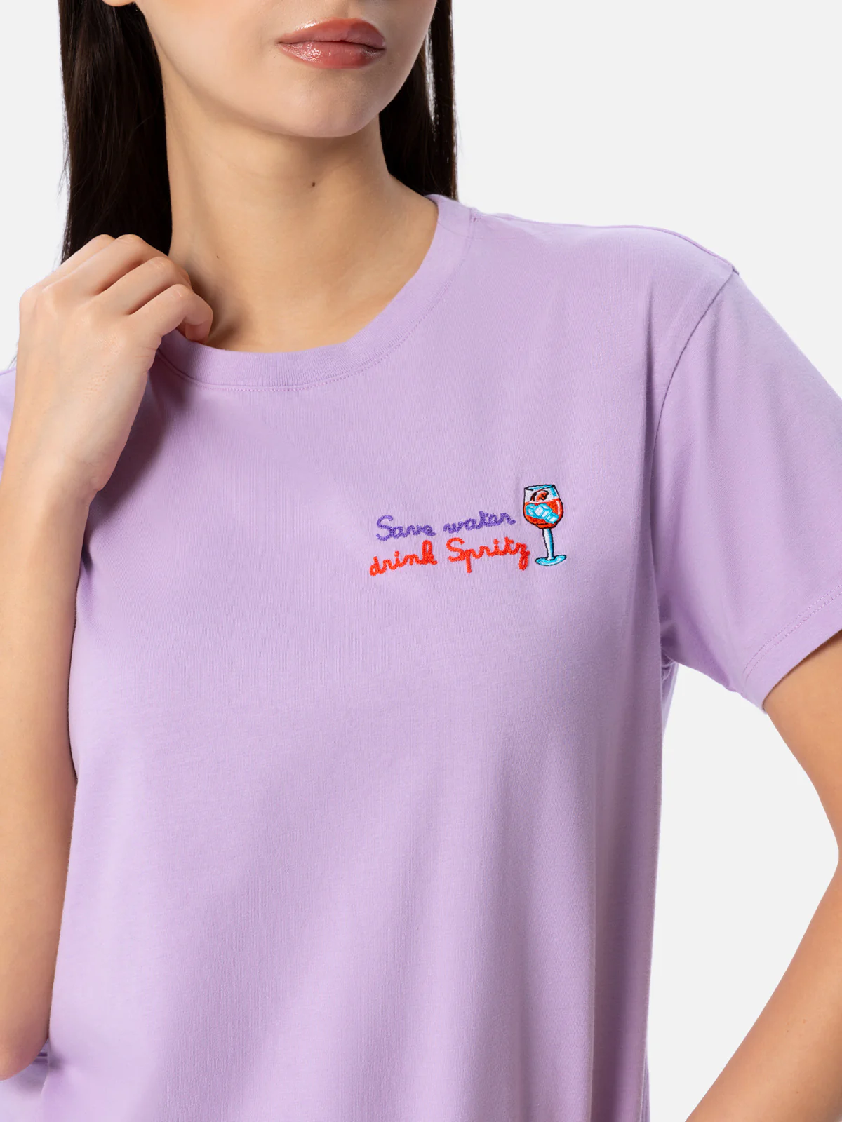 Emilie white cotton t-shirt with Save water drink Spritz embroidery | Special Edition - Image 3