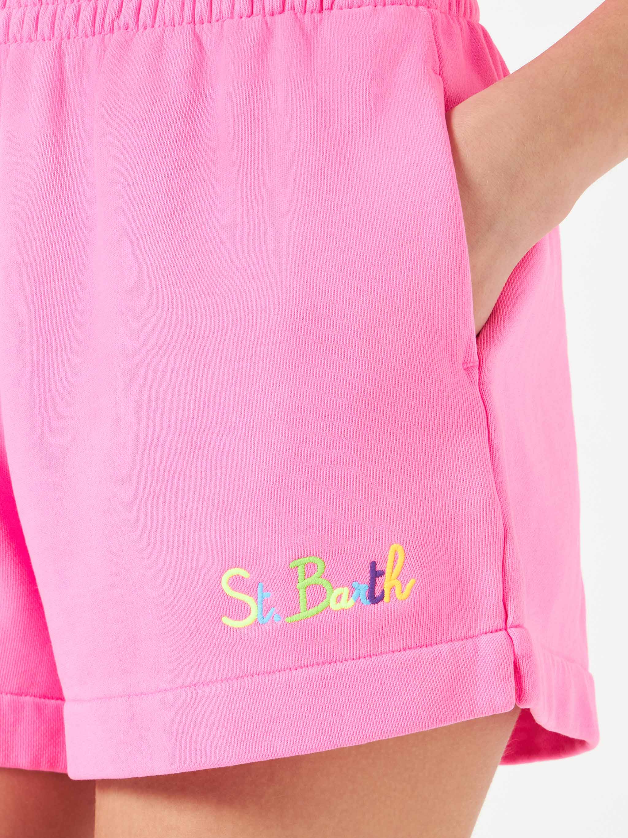 Cate fluo pink cotton shorts with St. Barth embroidery - Image 4