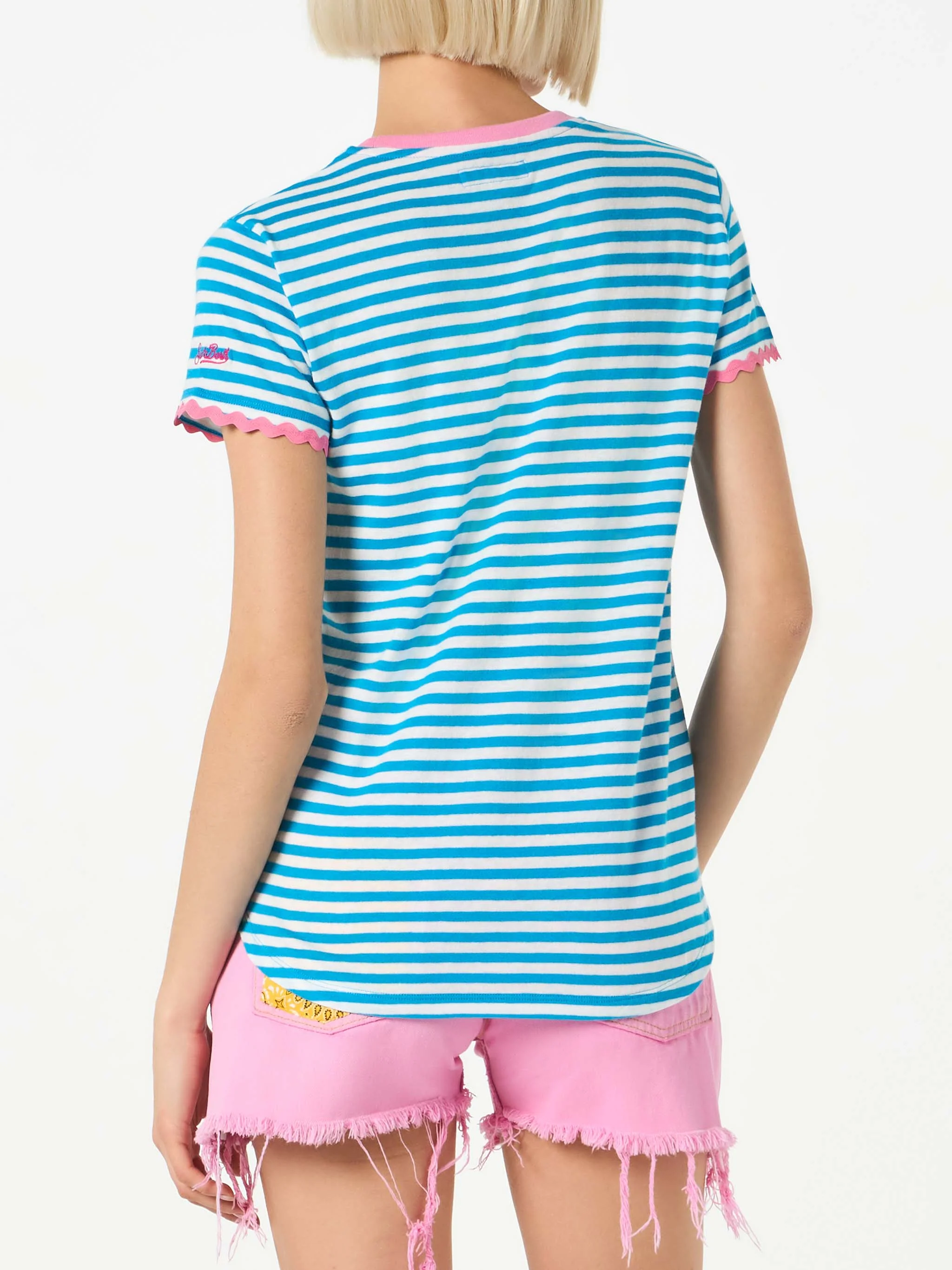 White and blue striped Dana cotton t-shirt with embroidery - Image 3