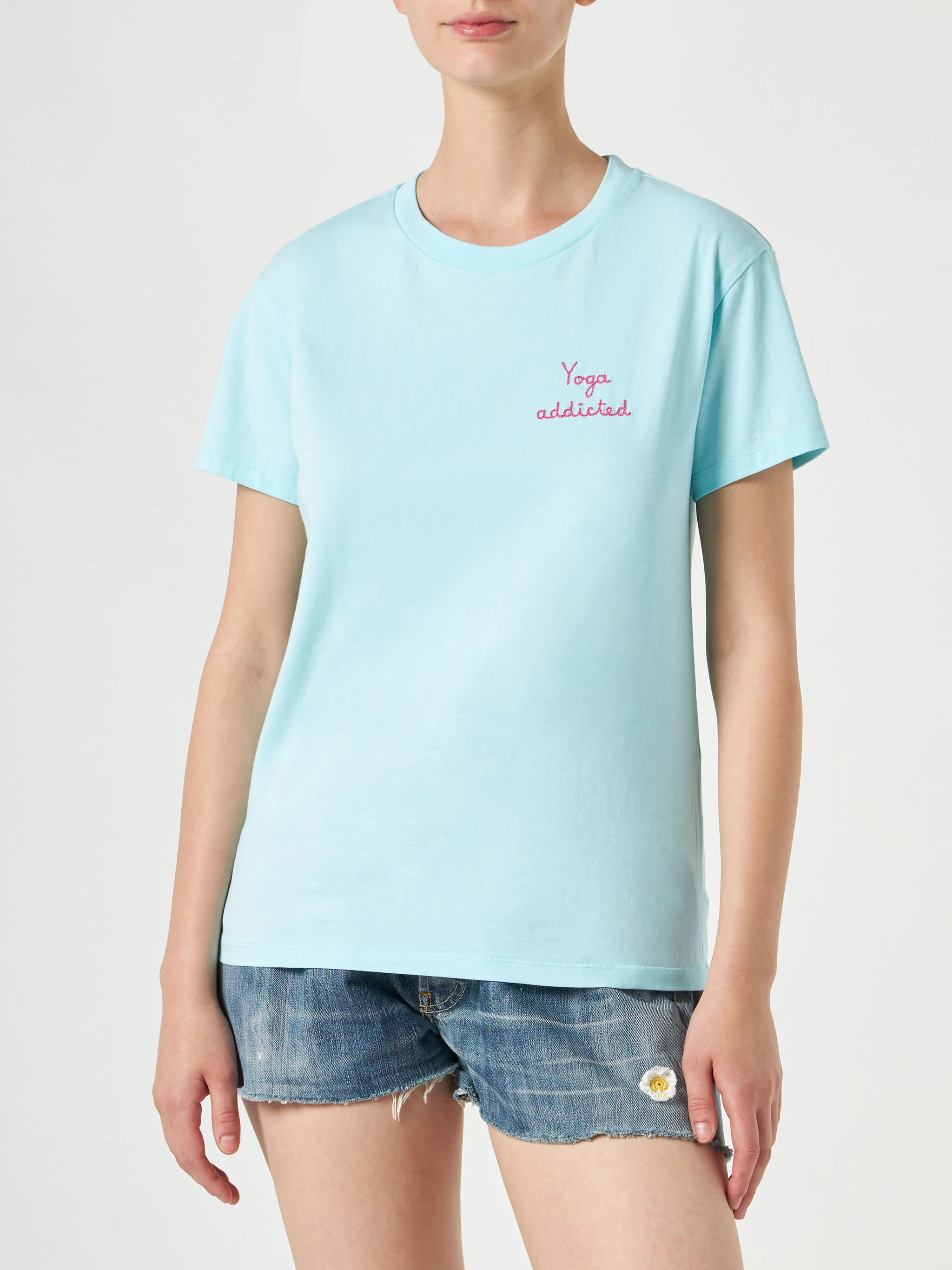 Emilie water green cotton t-shirt with Yoga addicted embroidery - Image 2