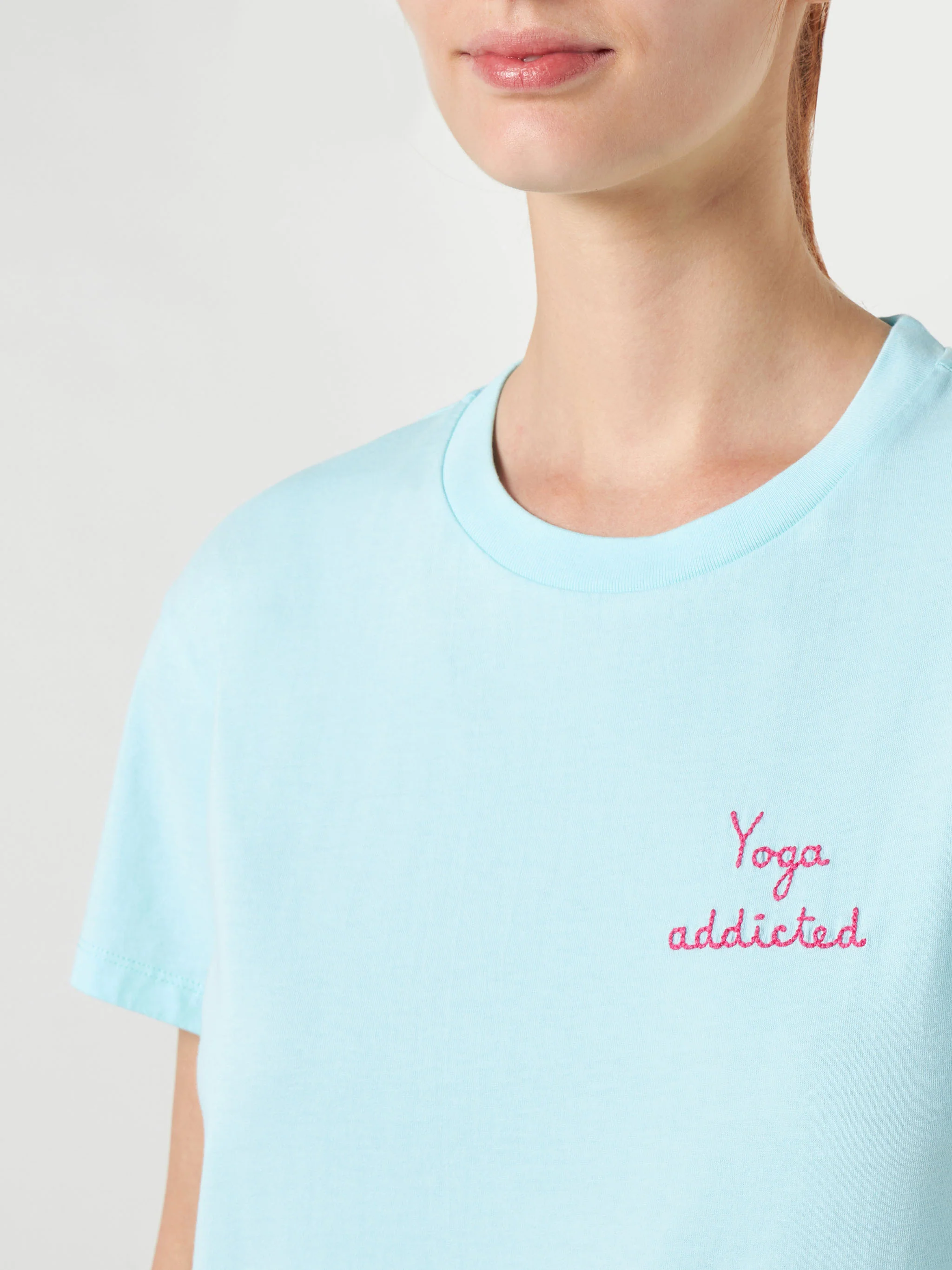Emilie water green cotton t-shirt with Yoga addicted embroidery - Image 3