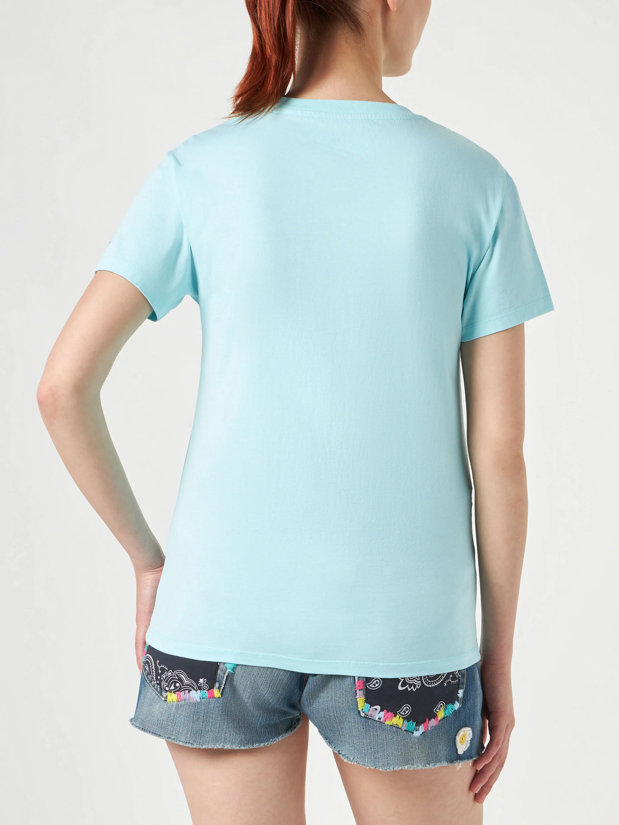 Emilie water green cotton t-shirt with Yoga addicted embroidery - Image 4