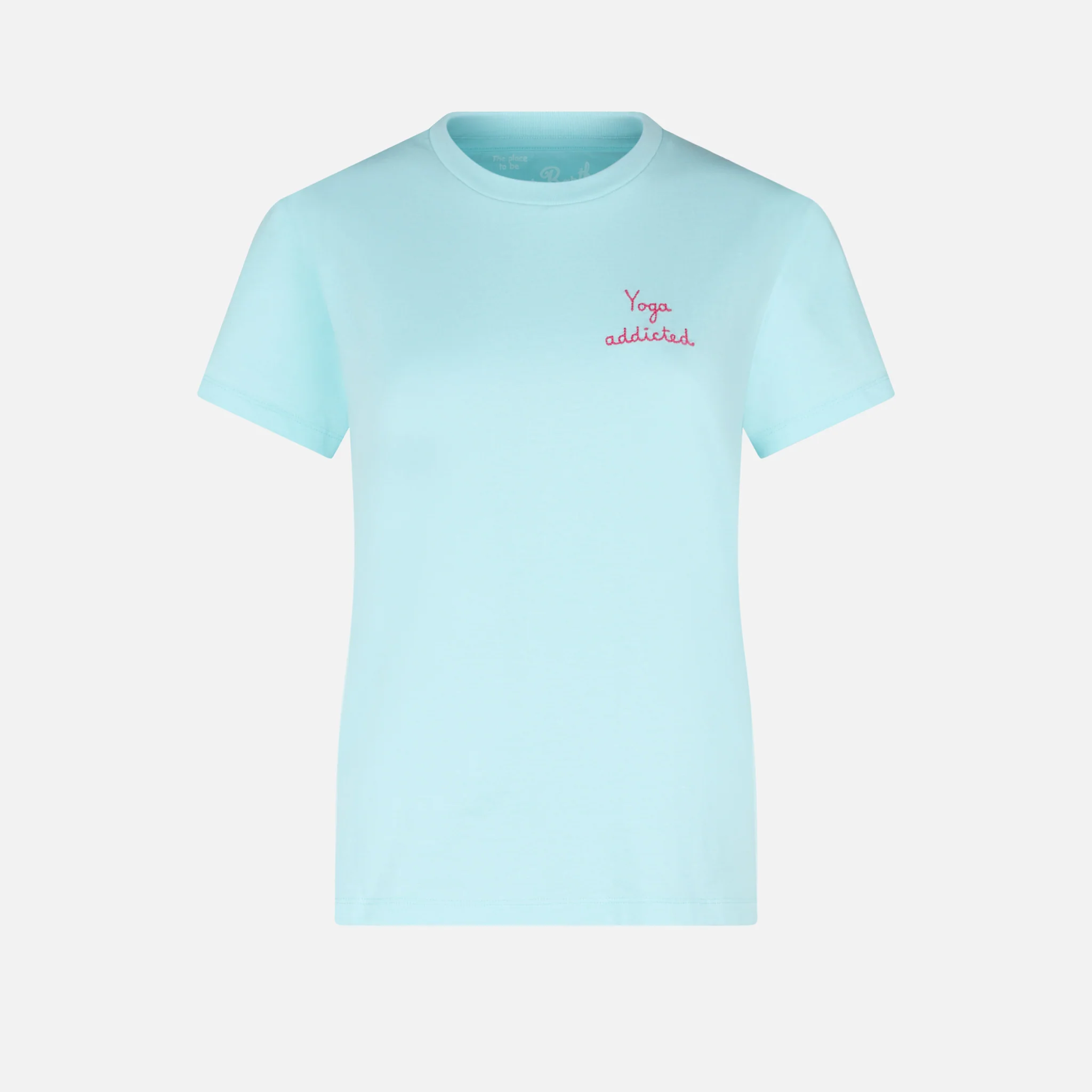 Emilie water green cotton t-shirt with Yoga addicted embroidery - Image 5