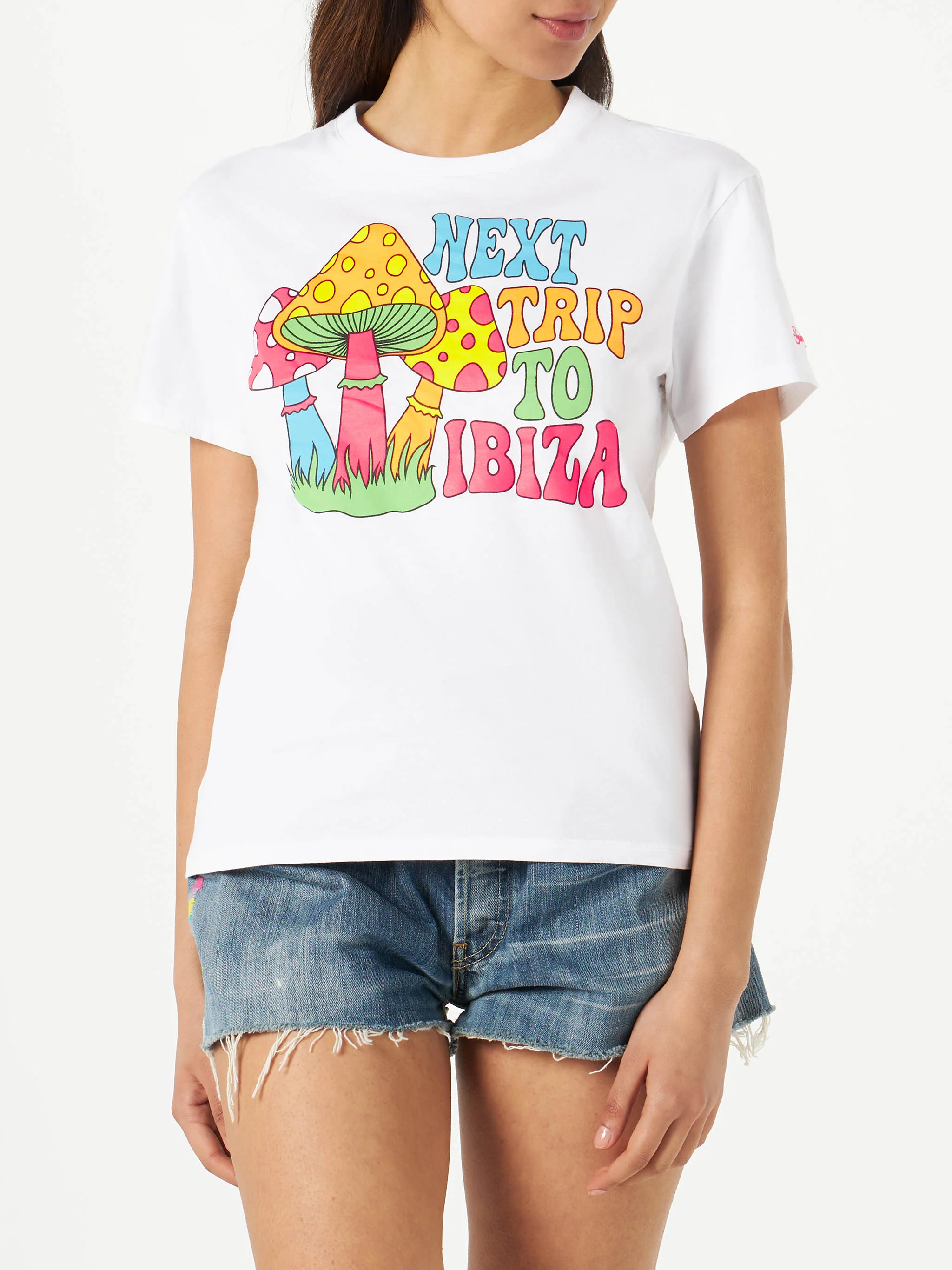 Emilie white cotton t-shirt with Mushrooms Ibiza print