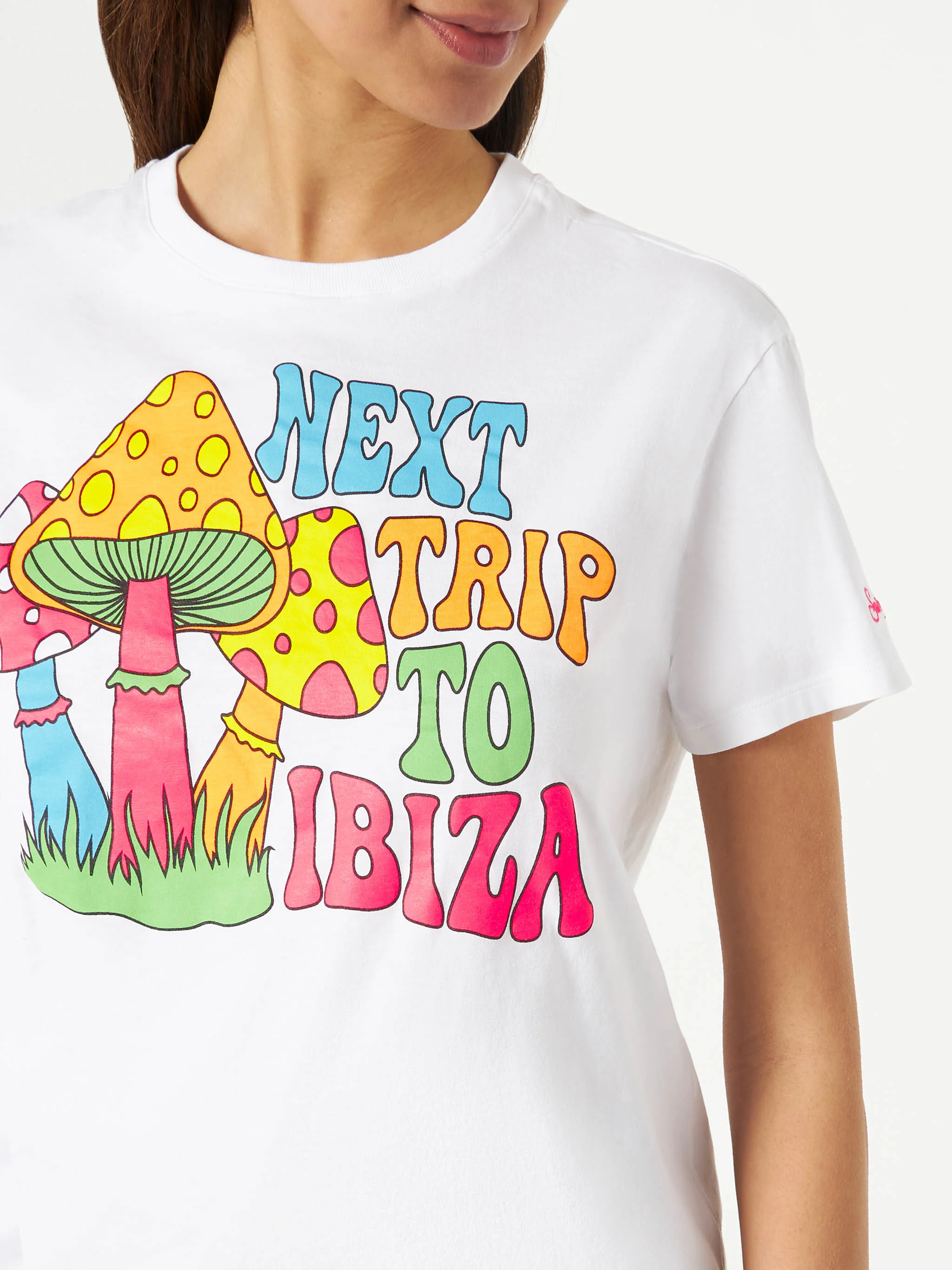 Emilie white cotton t-shirt with Mushrooms Ibiza print - Image 2