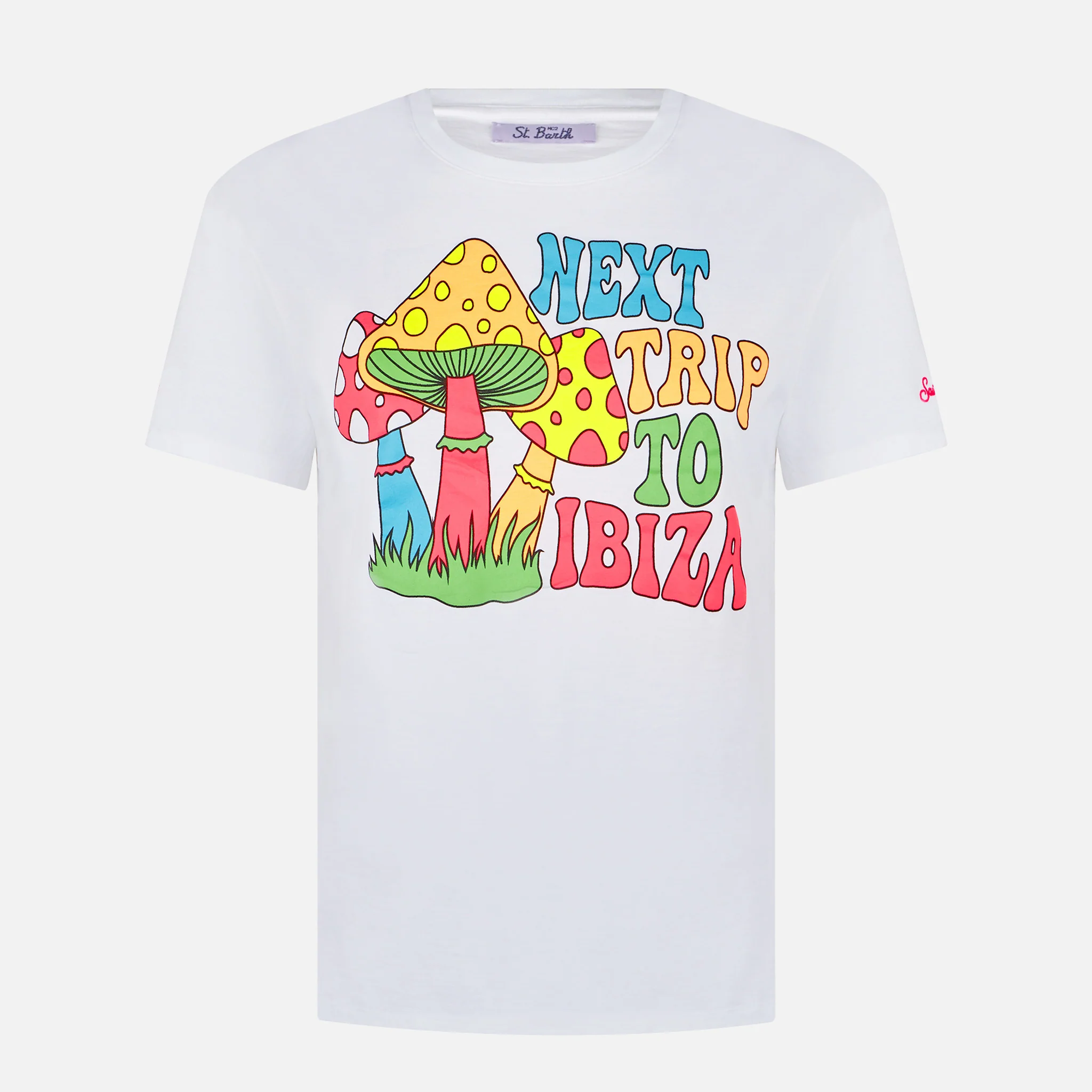 Emilie white cotton t-shirt with Mushrooms Ibiza print - Image 4