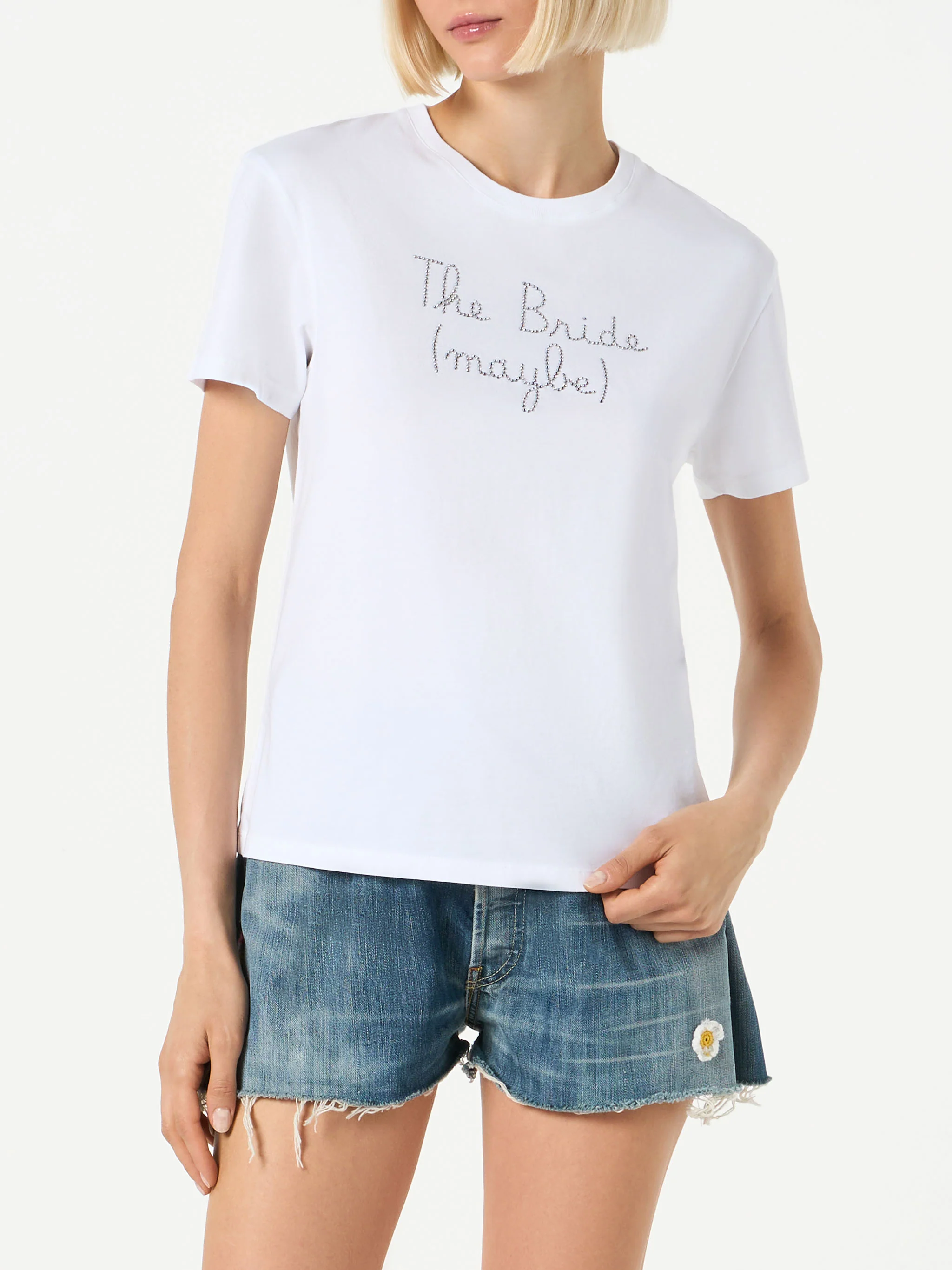 Emilie white t-shirt with Bride Maybe rhinestone embroidery