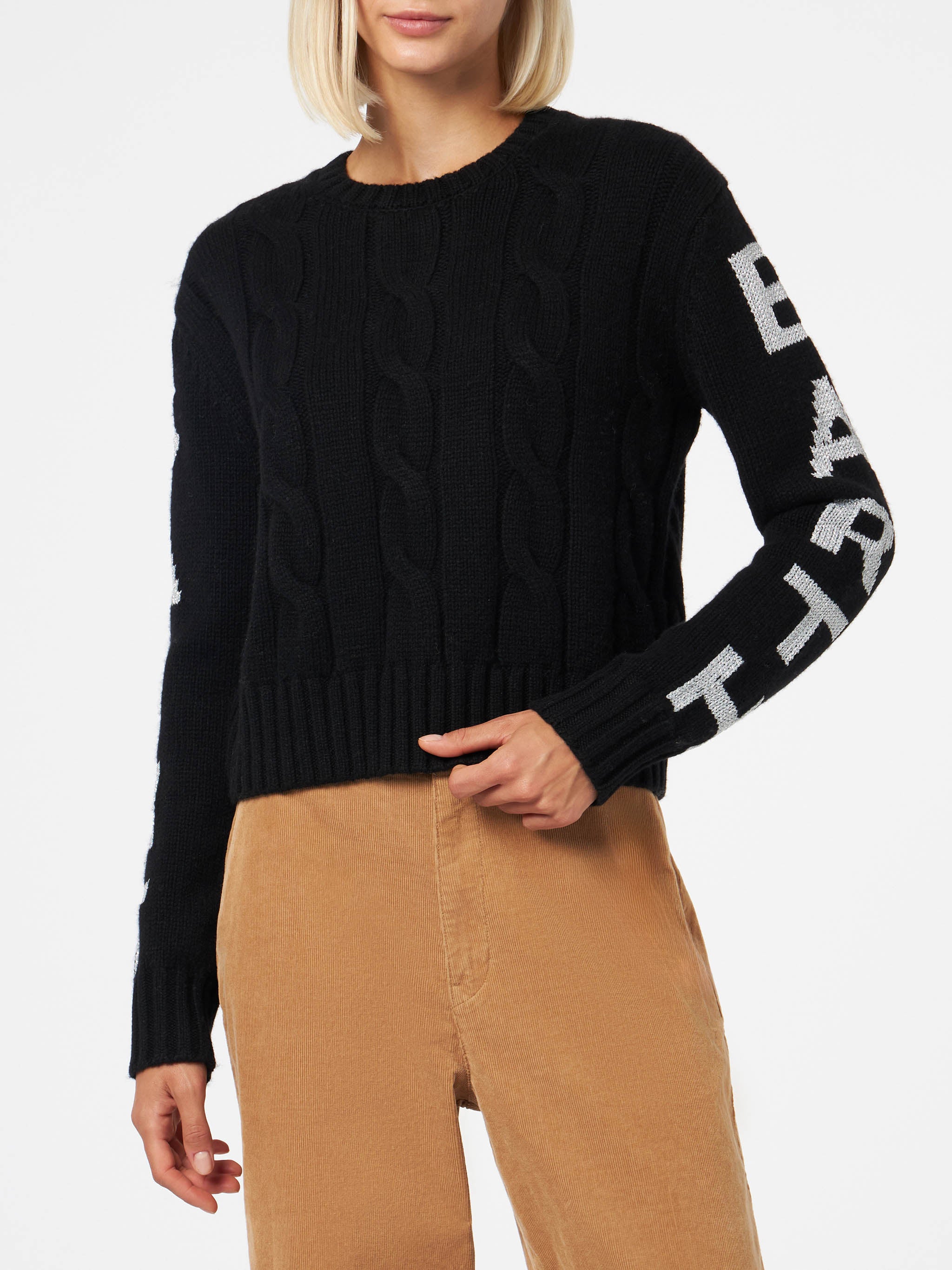 Malmo black cable knit sweater with lurex logo