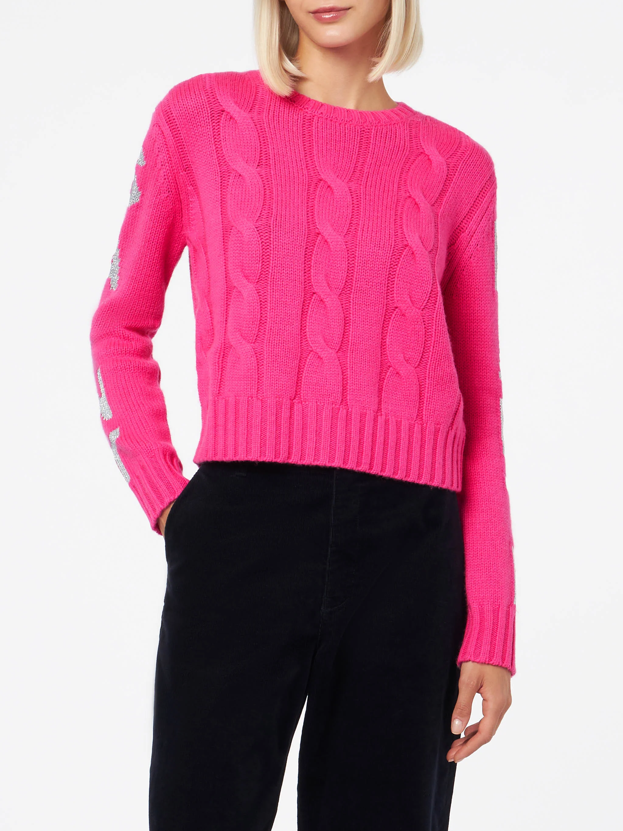 Fluo pink Malmo braided sweater with lurex jacquard