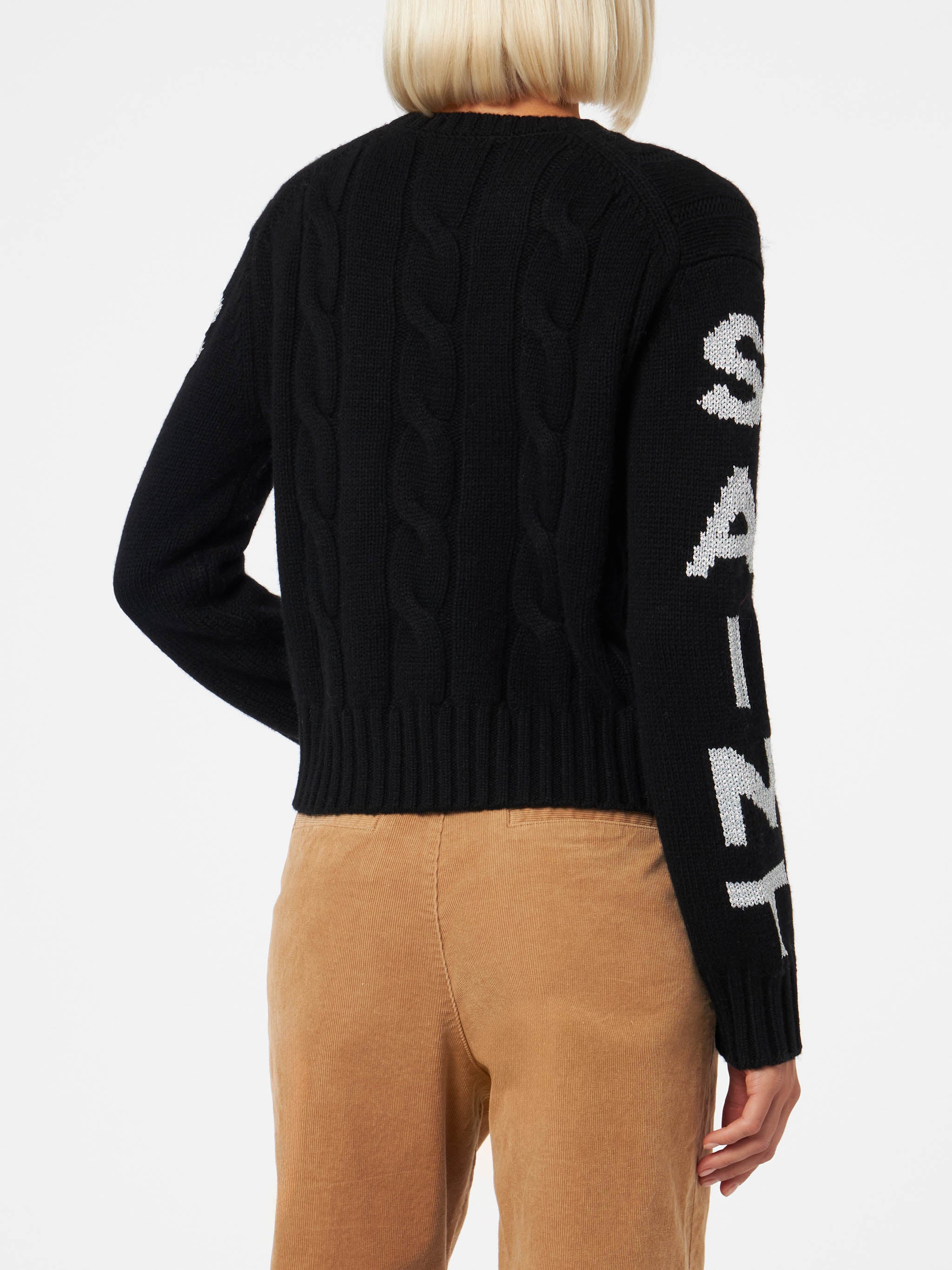 Malmo black cable knit sweater with lurex logo - Image 2
