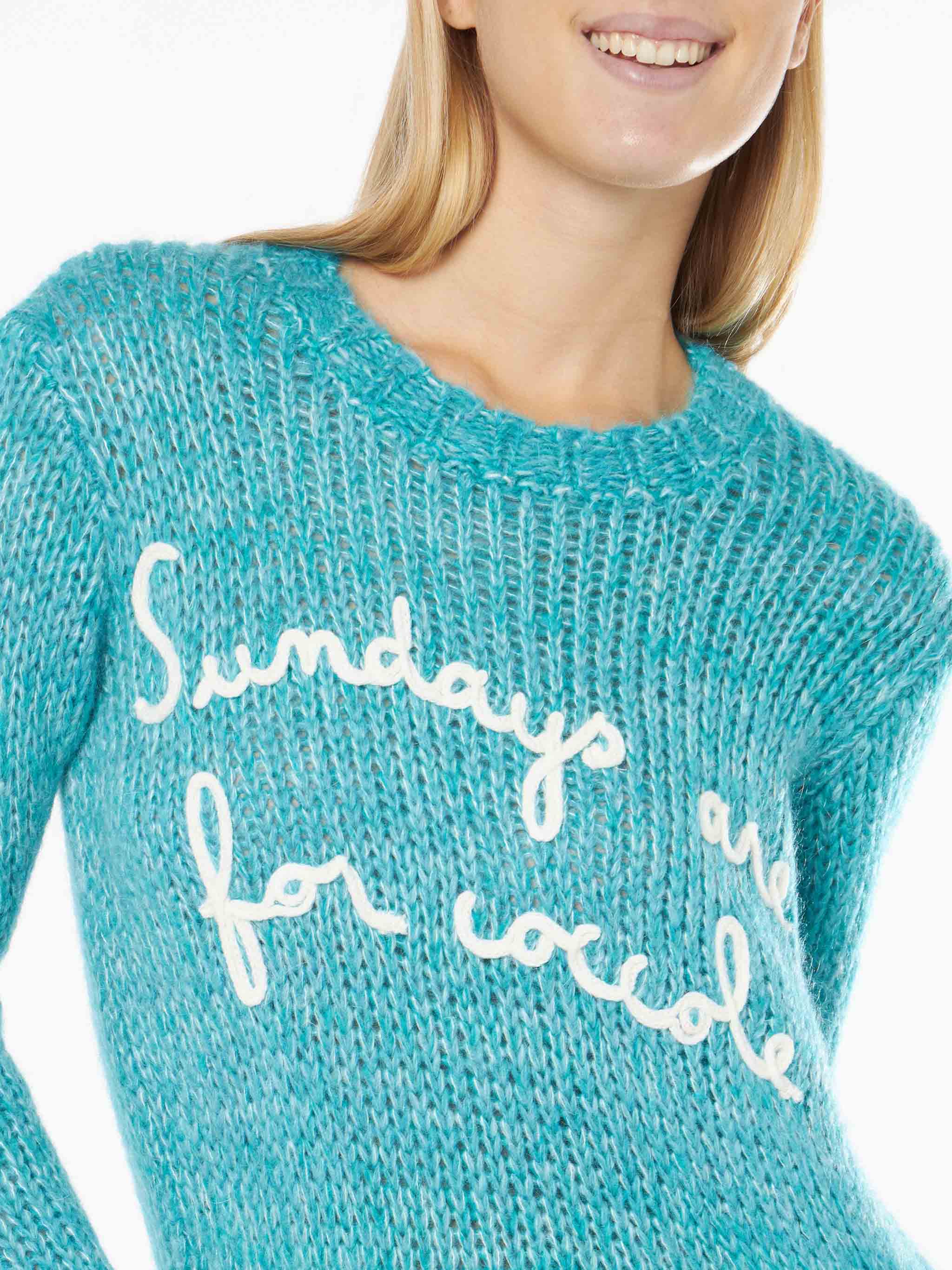 New Queen turquoise mouliné yarn crop sweater with embroidery - Image 2