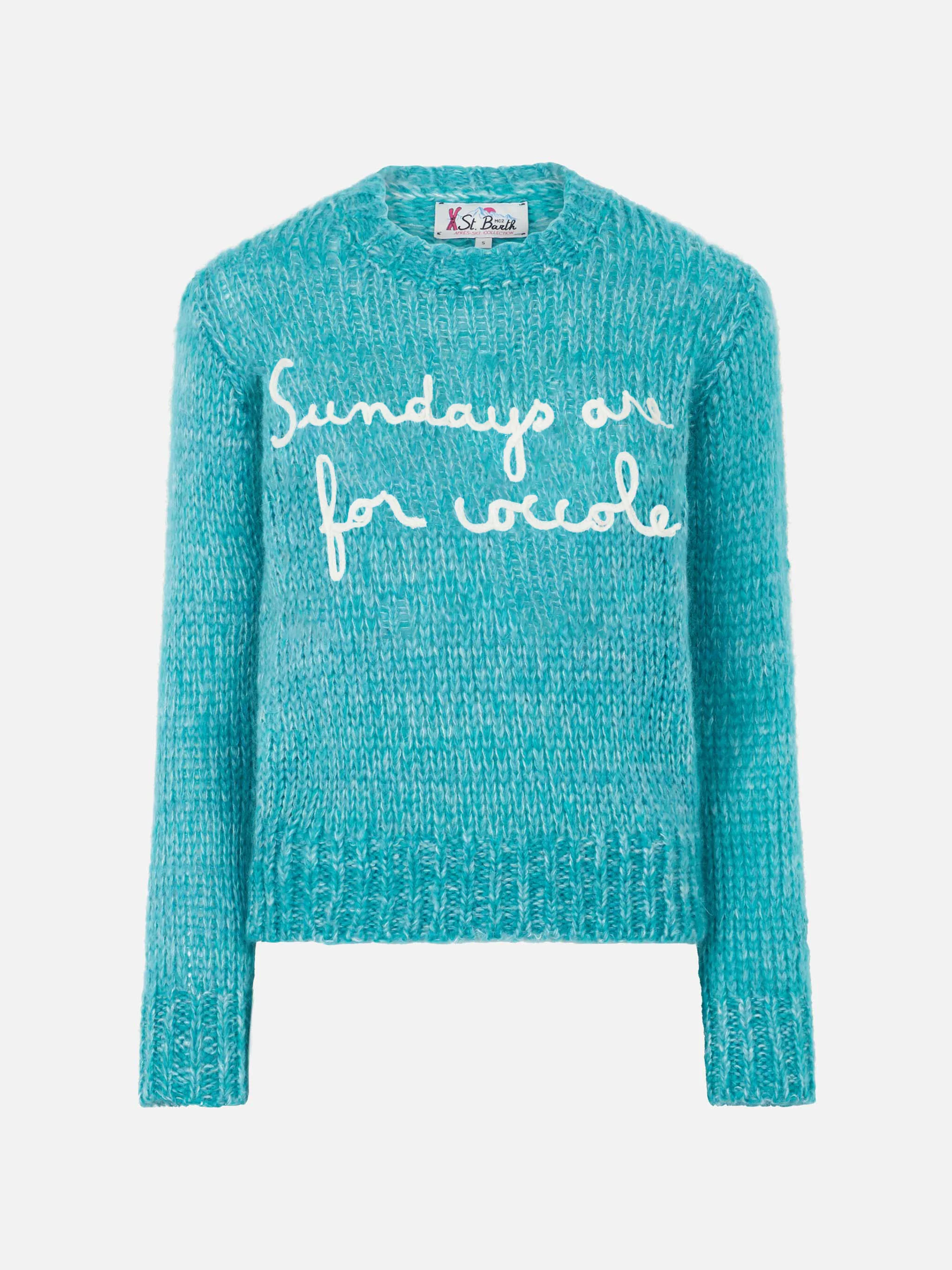 New Queen turquoise mouliné yarn crop sweater with embroidery - Image 4