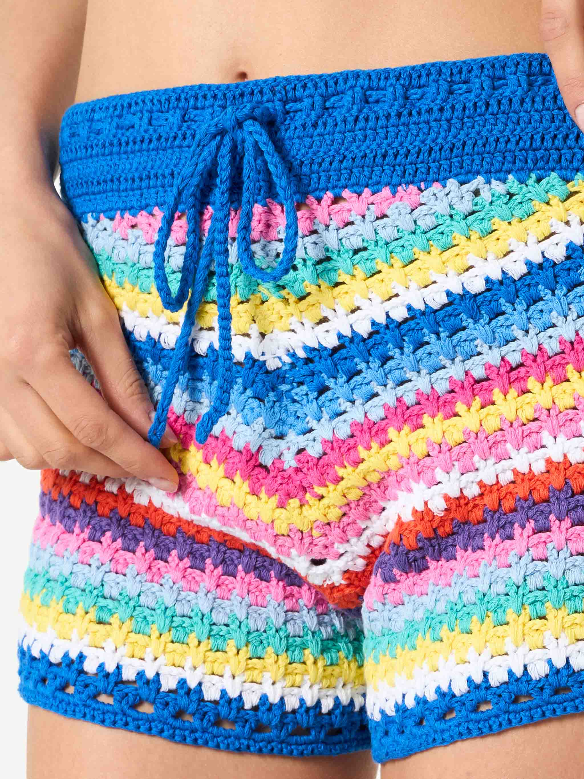 Multicolor crochet Kalima shorts on bluette background - Image 3
