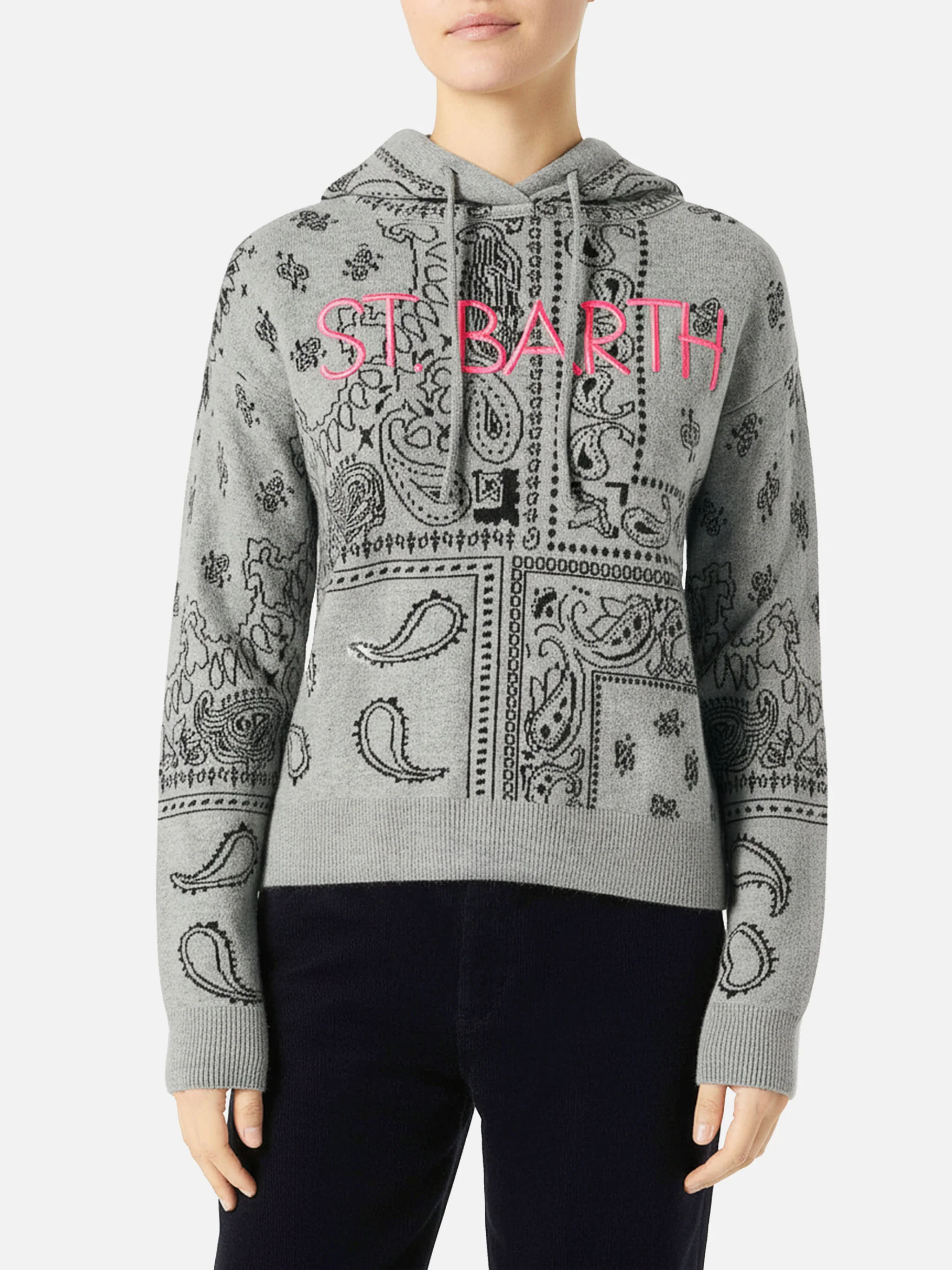 Grey Meg cropped hoodie in blended cashmere with bandana print - Image 2