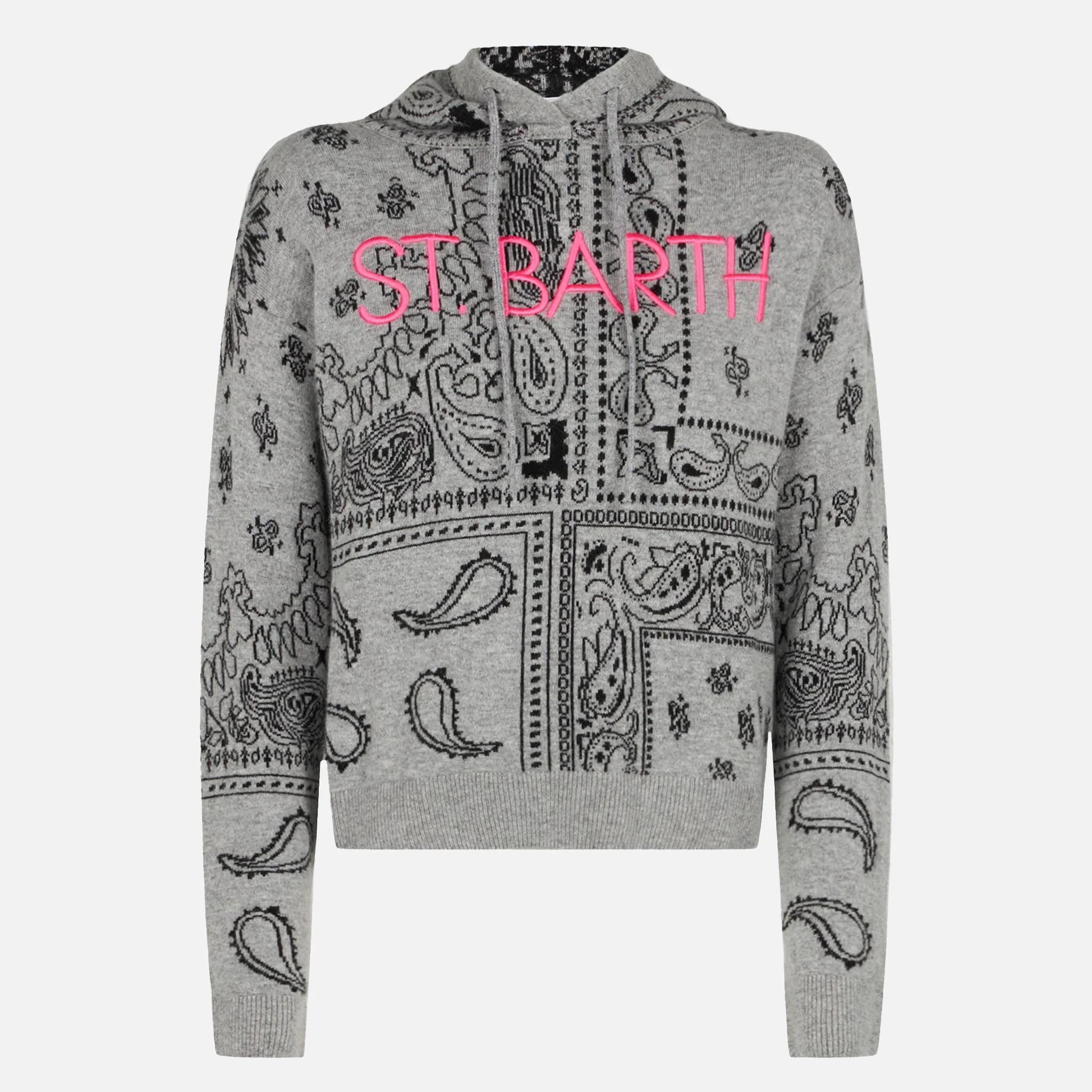 Grey Meg cropped hoodie in blended cashmere with bandana print - Image 4