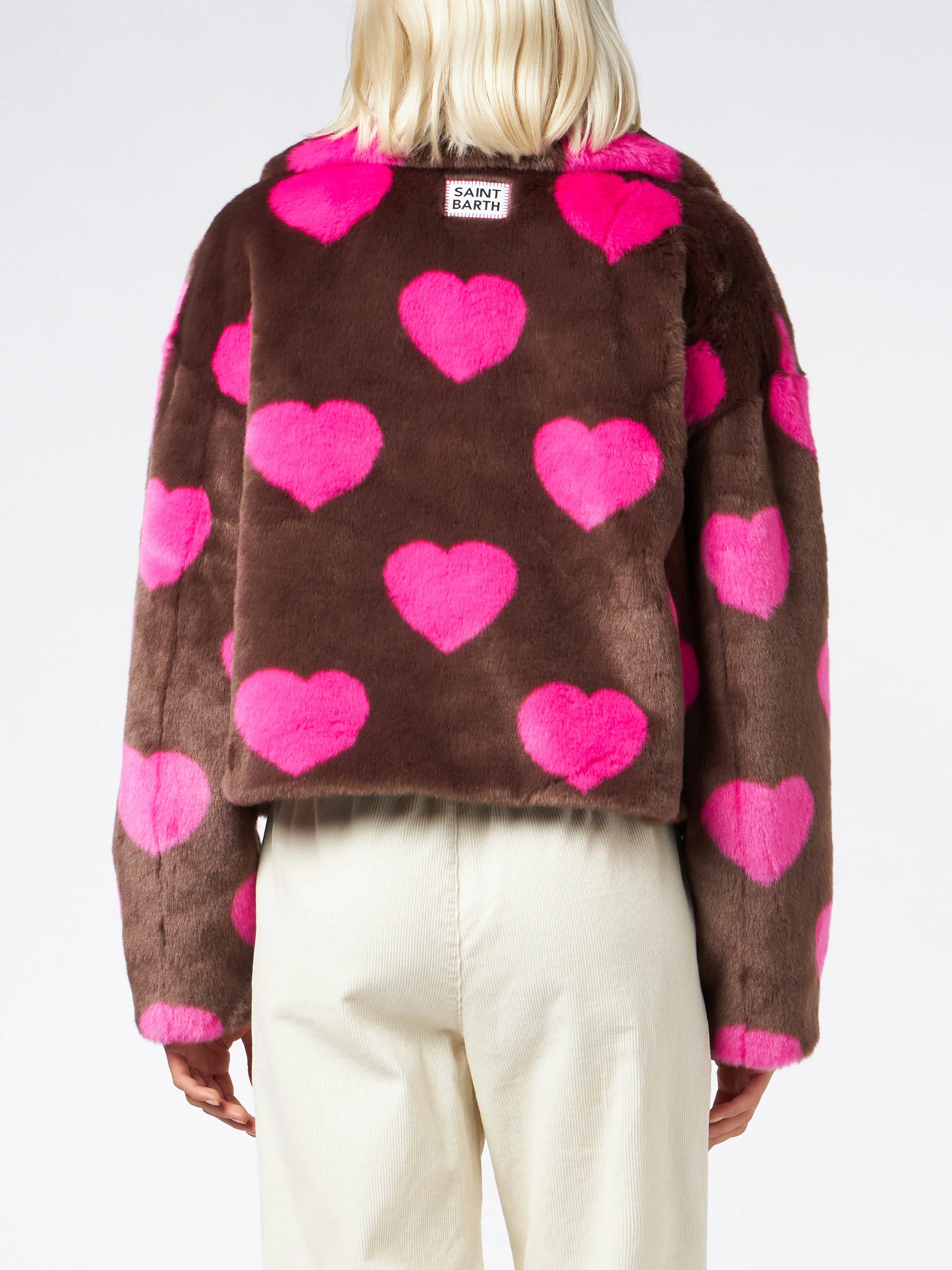 Emelyn short faux fur jacket with heart print - Image 2