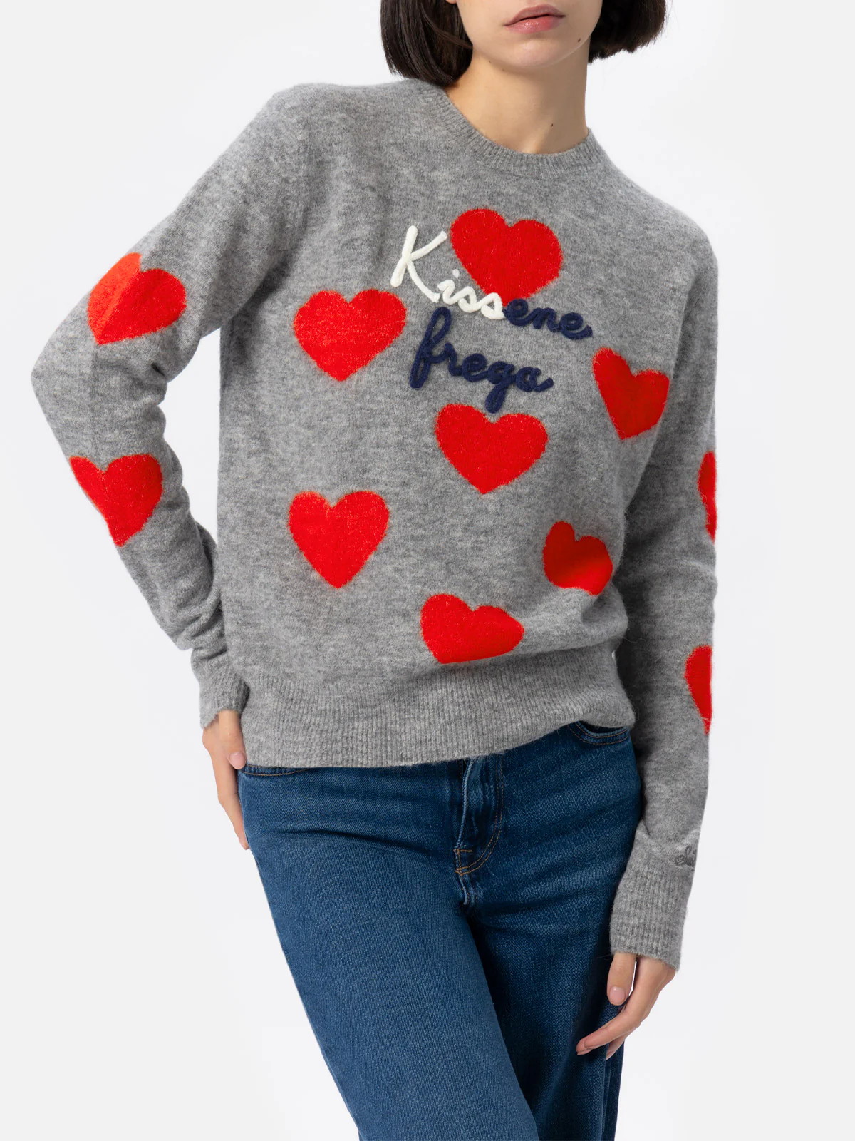 New Queen grey alpaca blend sweater with Kissene embroidery