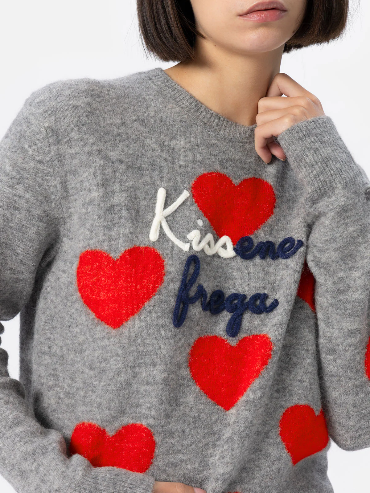 New Queen grey alpaca blend sweater with Kissene embroidery - Image 2