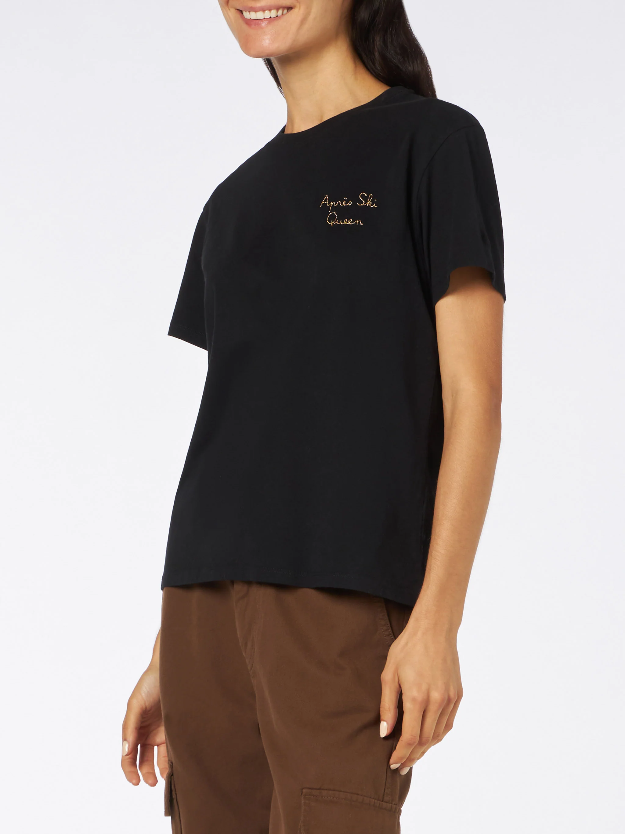 Emilie black cotton t-shirt with Apres Ski Queen embroidery - Image 2