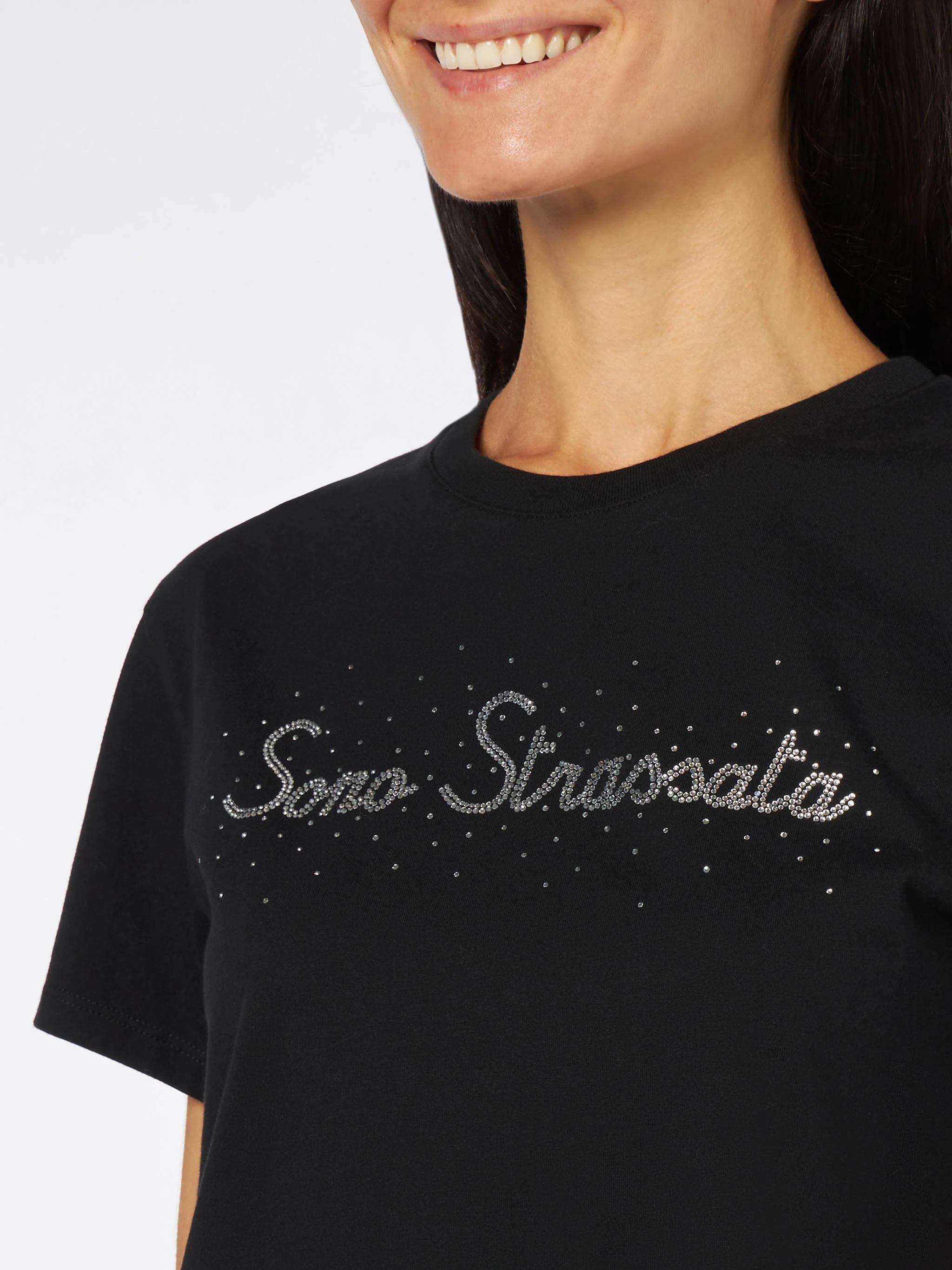 Black Emilie cotton t-shirt with rhinestone print