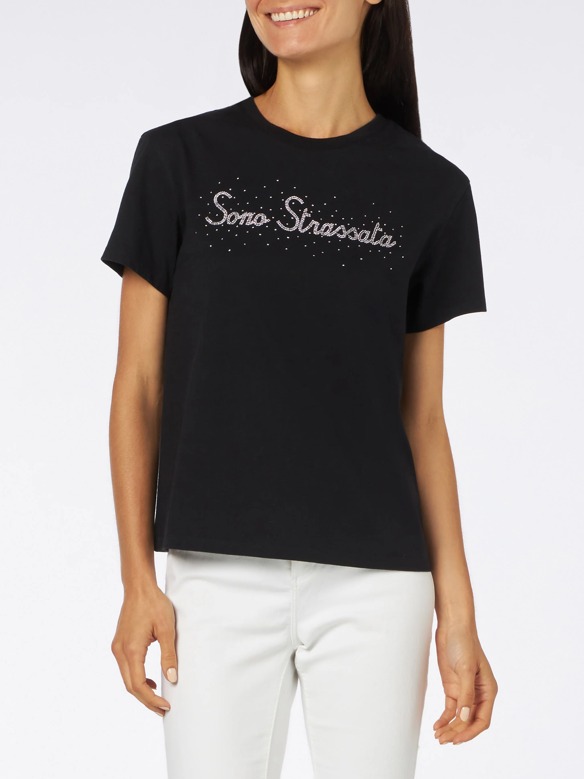 Black Emilie cotton t-shirt with rhinestone print - Image 2