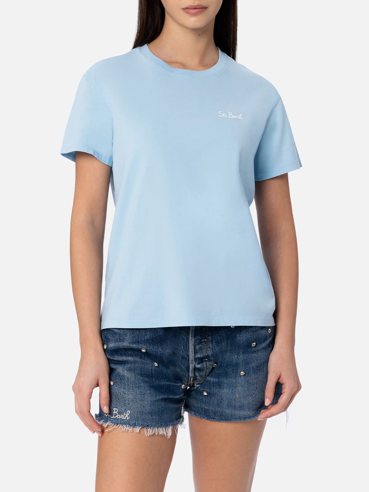Emilie light blue cotton t-shirt with logo embroidery - Image 2