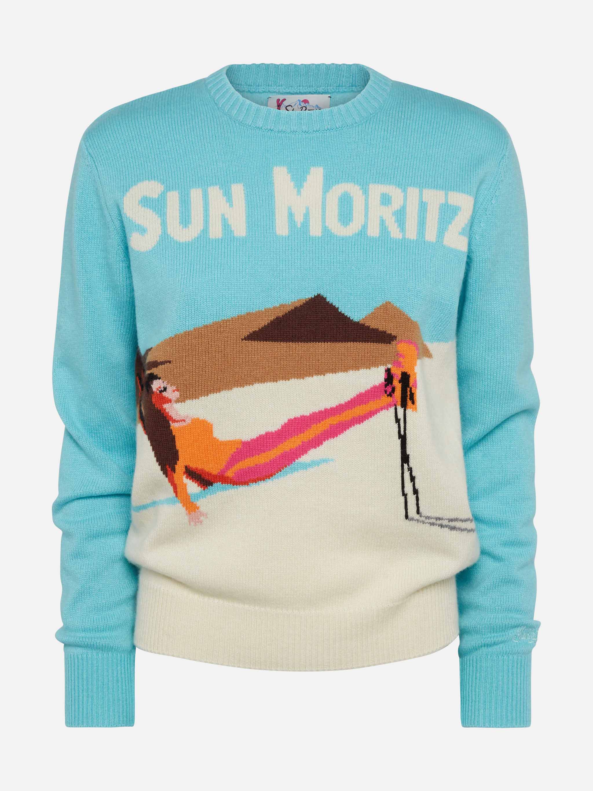Light blue sweater New Queen with Sun Moritz postcard jacquard - Image 4