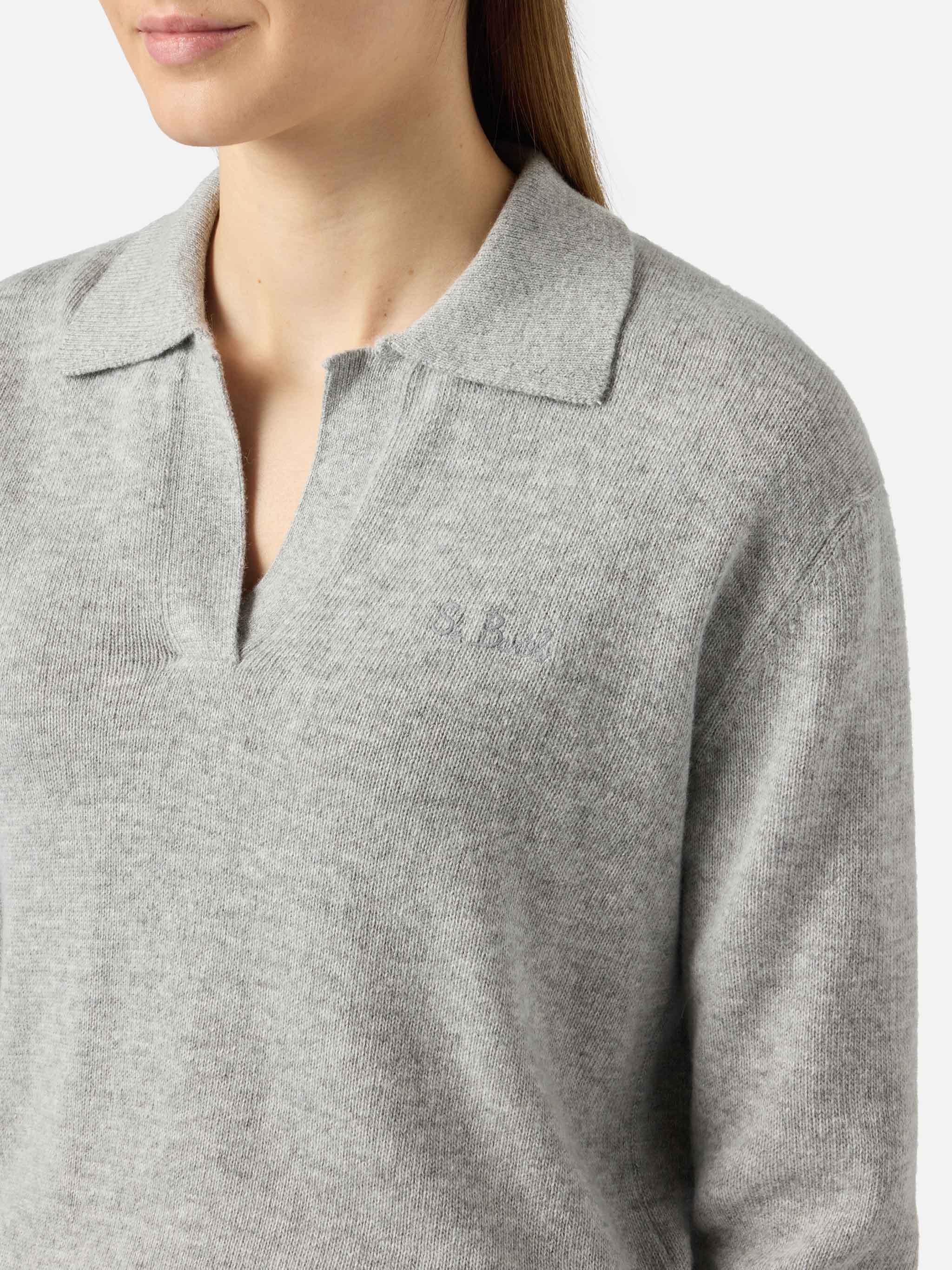 Grey mélange Eze sweater with polo collar - Image 2