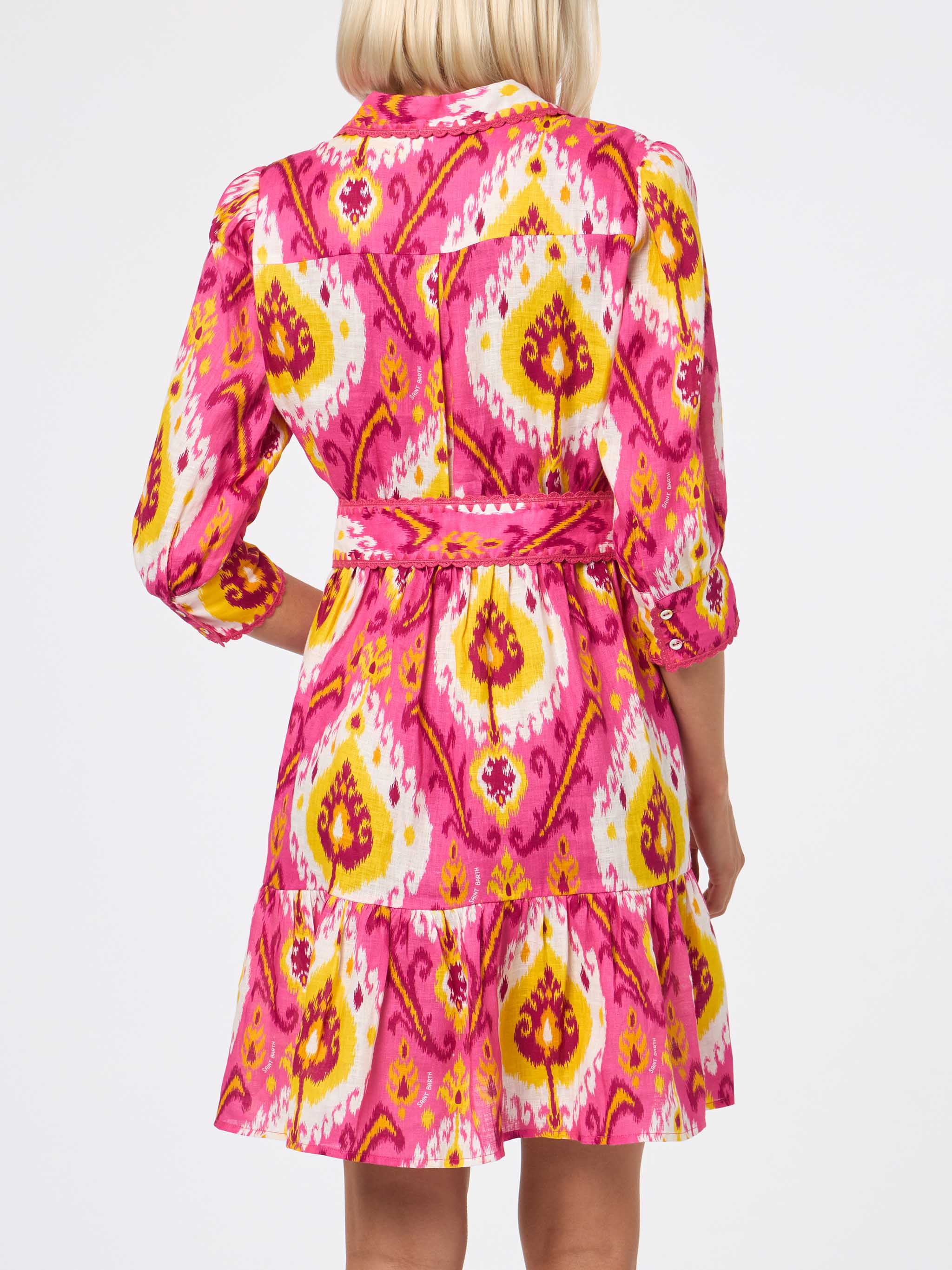 Fuchsia and yellow Daisi linen short dress with ikat print - Image 2