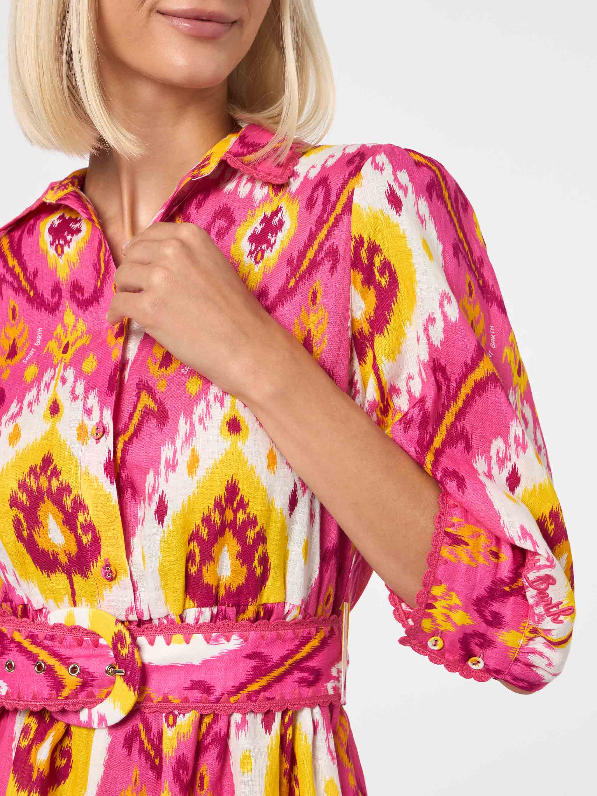 Fuchsia and yellow Daisi linen short dress with ikat print - Image 3