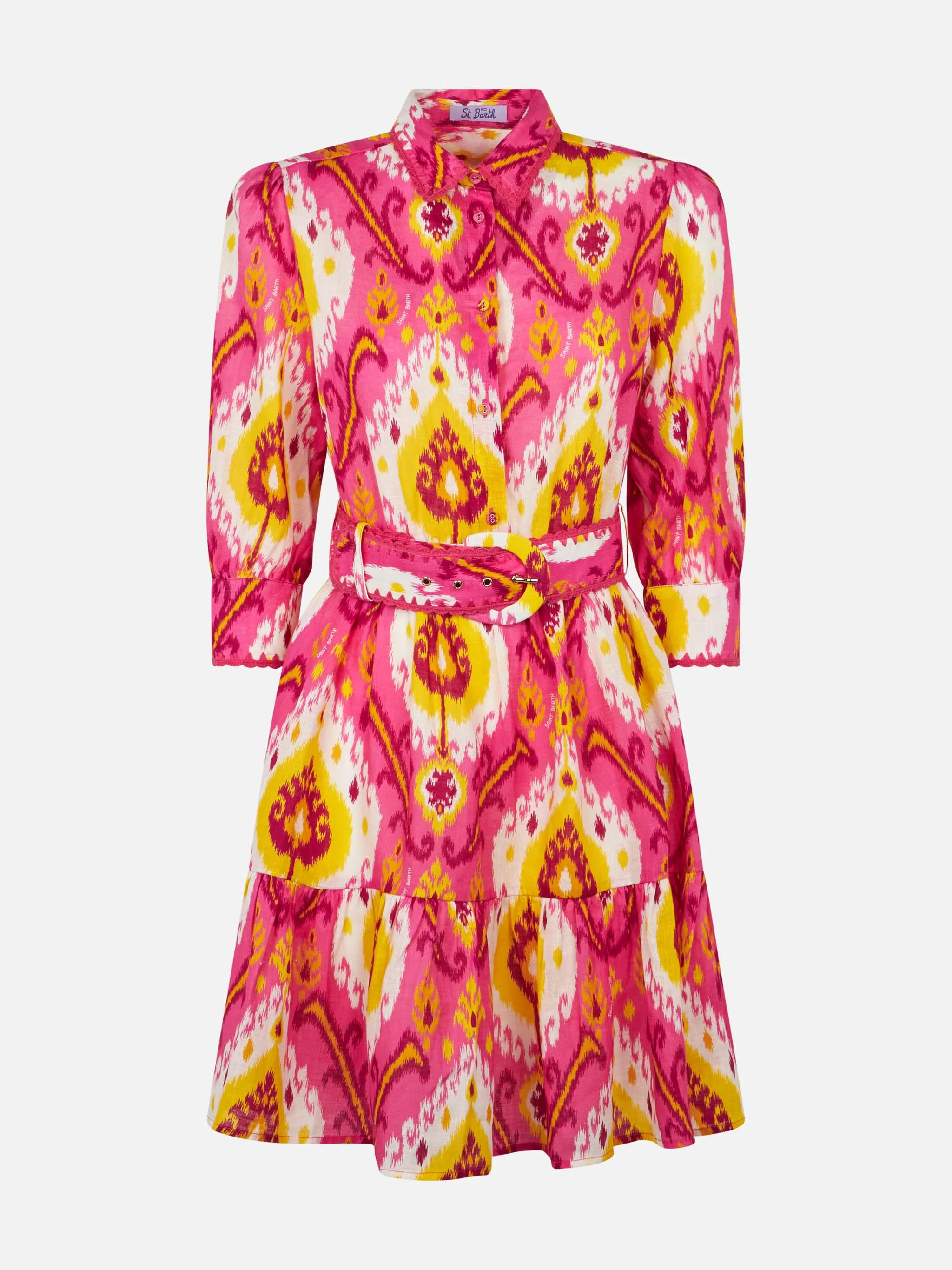 Fuchsia and yellow Daisi linen short dress with ikat print - Image 4