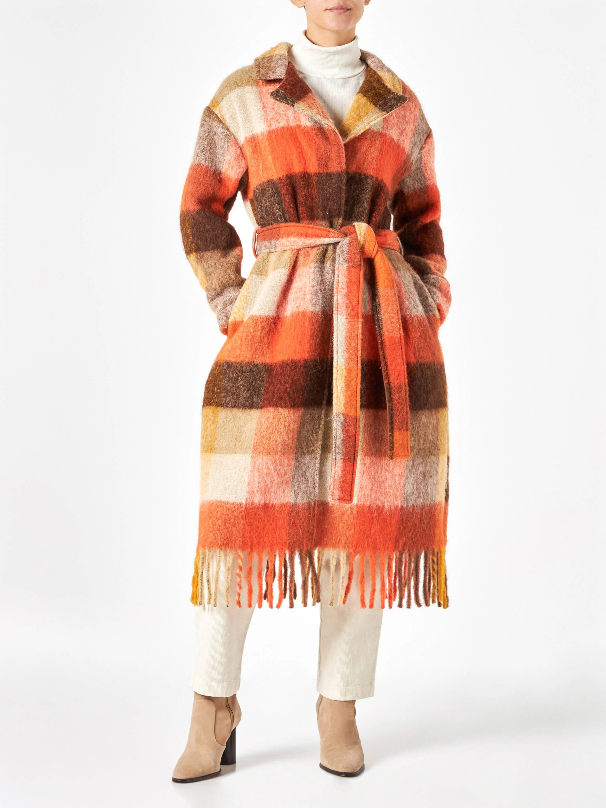 Charlot long coat with fringes and check pattern