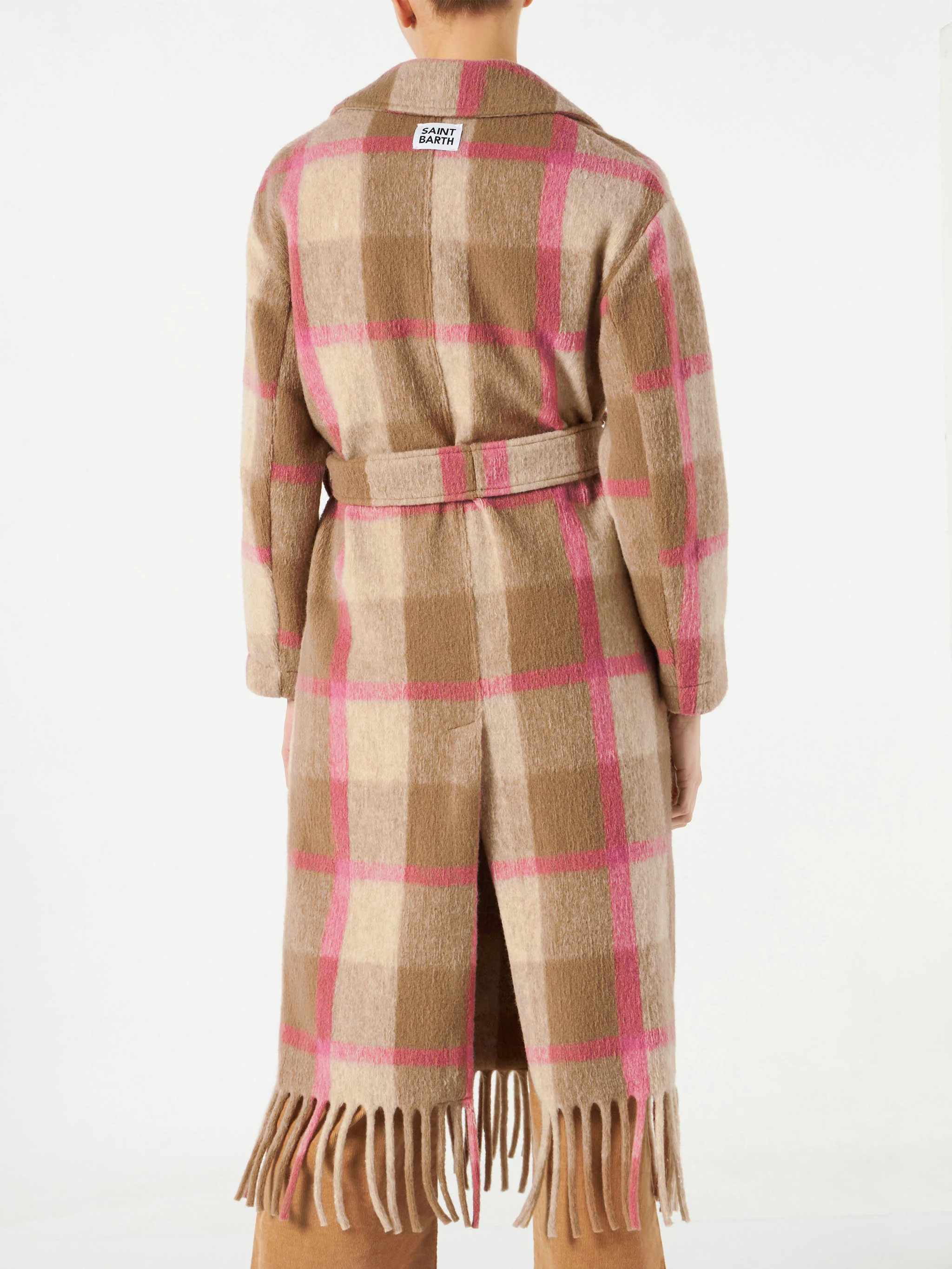 Brown Charlot long coat with fringes and check pattern - Image 3